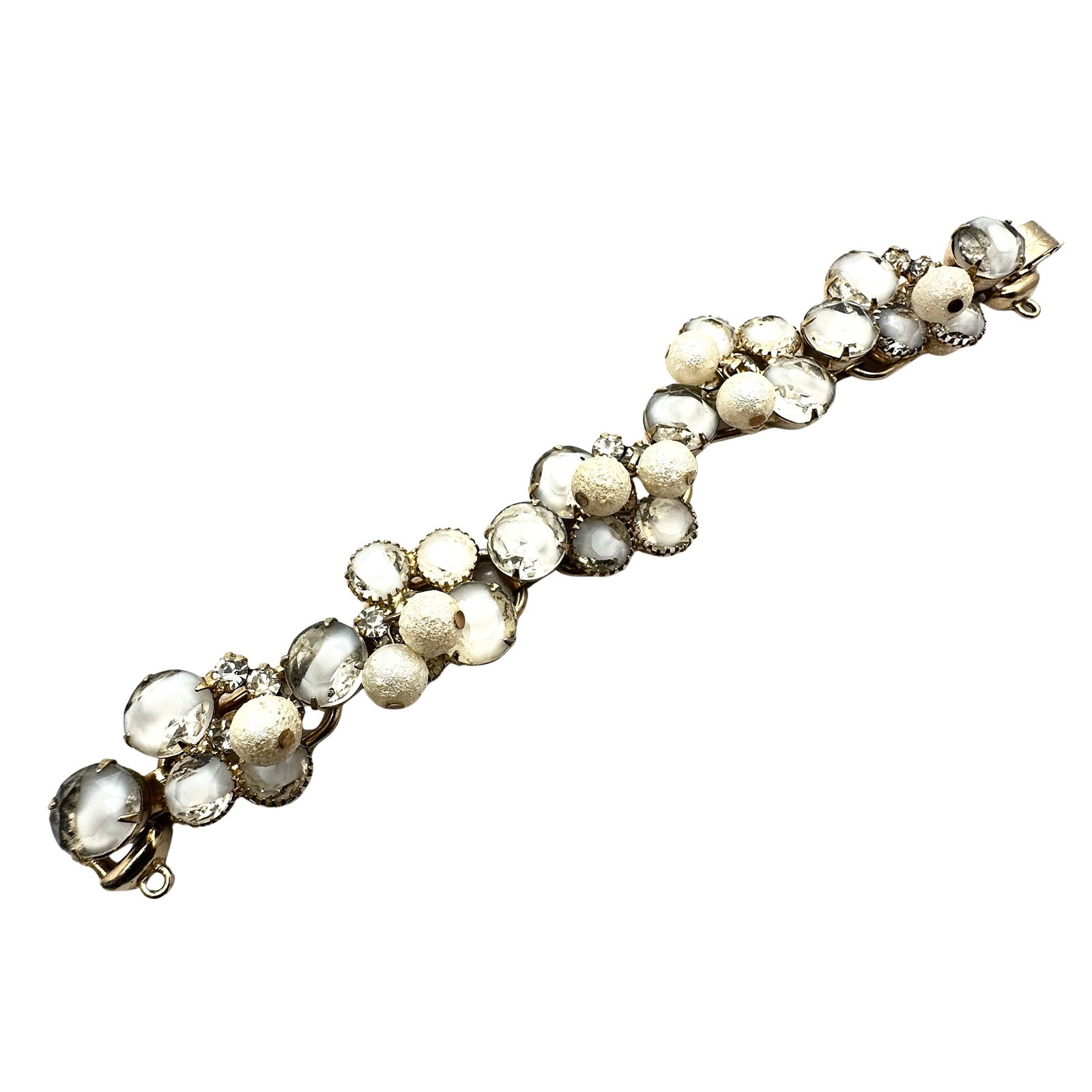 Vintage Juliana White Striped Glass Rhinestone Cha Cha Bead Gold Tone Five Link Bracelet 7 Inch: Vintage Juliana White Striped Glass Rhinestone Cha Cha Bead Gold Tone Five Link Bracelet 7 Inch