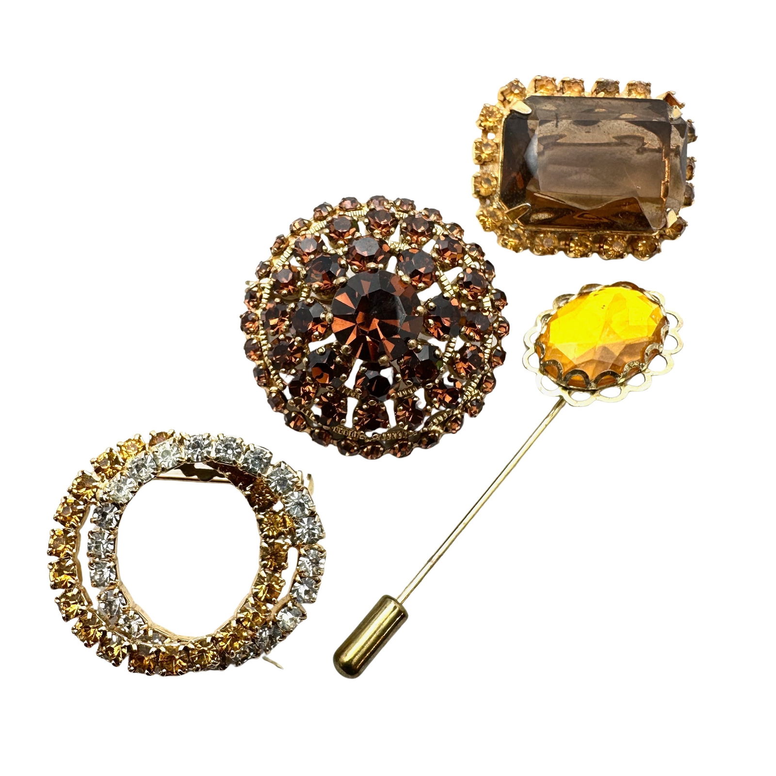 Vintage Amber Glass Rhinestone Gold Tone Scatter Pins Brooches: Vintage Amber Glass Rhinestone Gold Tone Scatter Pins Brooches