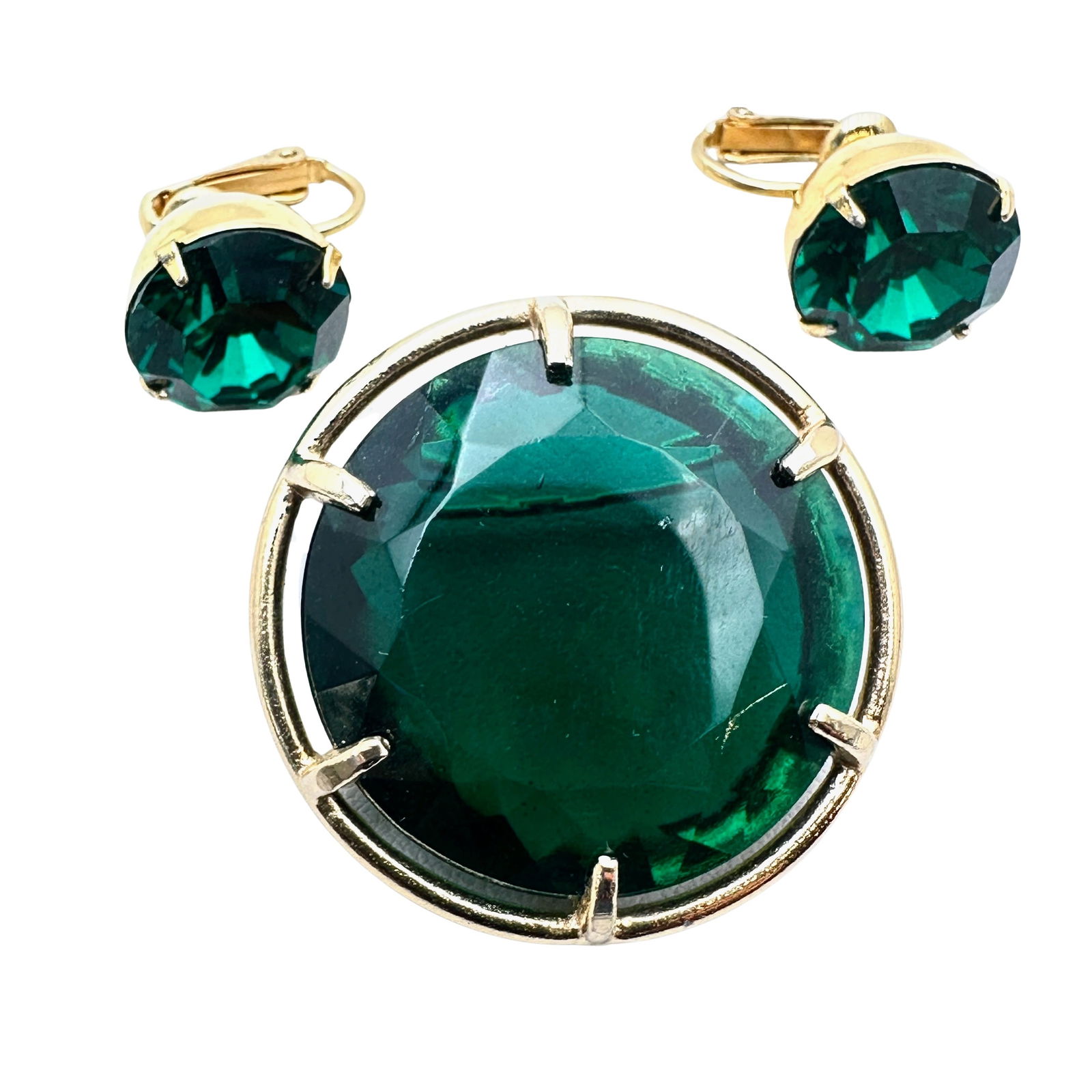 Vintage Emerald Green Glass Rhinestone Brooch Pin and Clip Earrings Set (1 of 2)