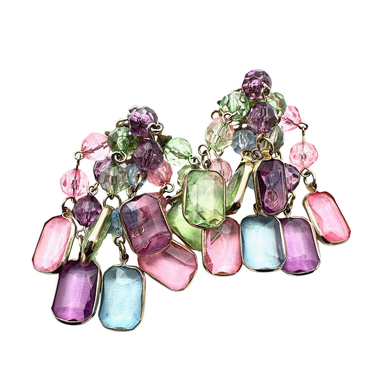 Vintage Pastel Lucite Waterfall Gold Tone Pierced Earrings: Vintage Pastel Lucite Waterfall Gold Tone Pierced Earrings