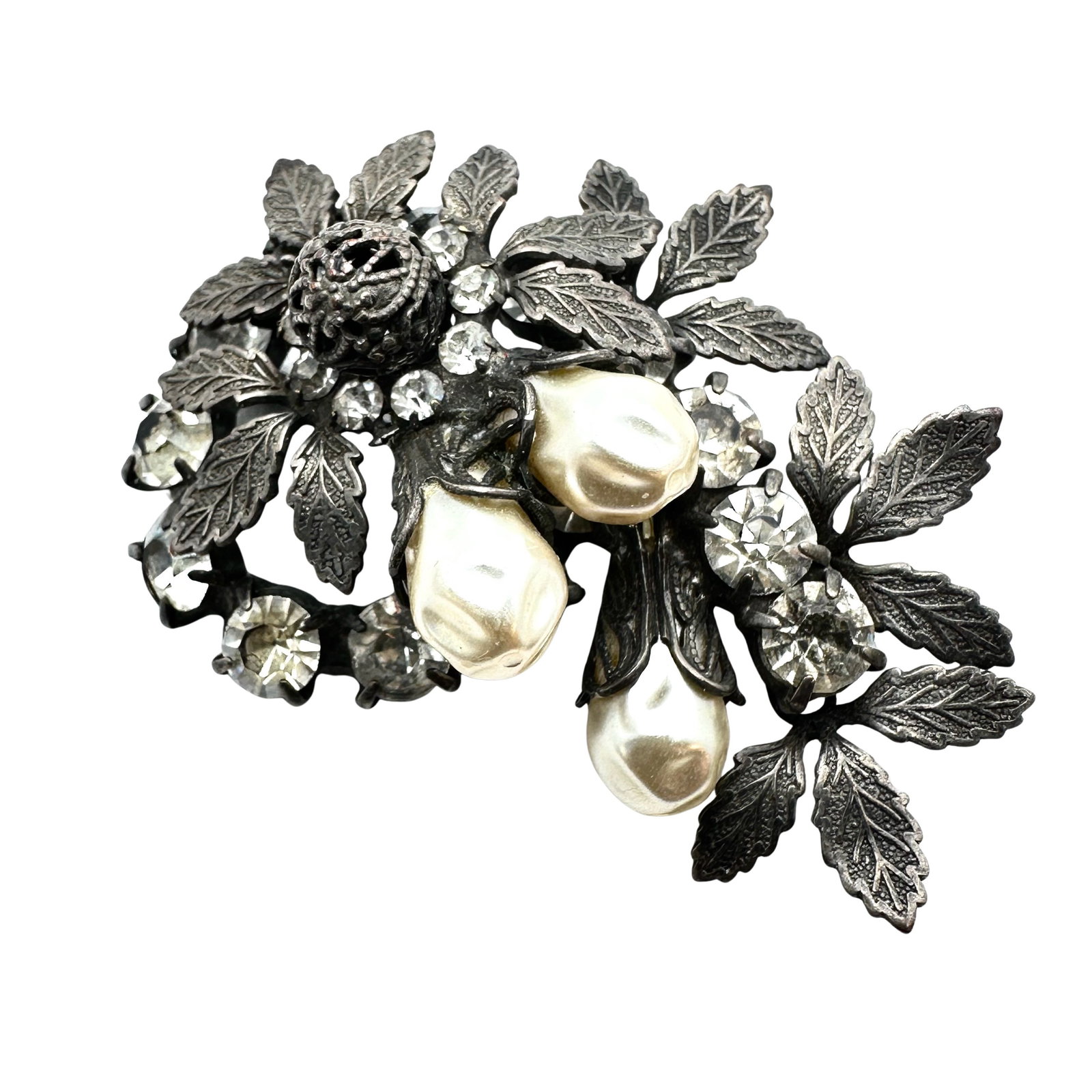 Vintage High End Faux Pearl Clear Rhinestone Antiqued Gold Tone Brooch Pin 2.5 Inch: Vintage High End Faux Pearl Clear Rhinestone Antiqued Gold Tone Brooch Pin 2.5 Inch