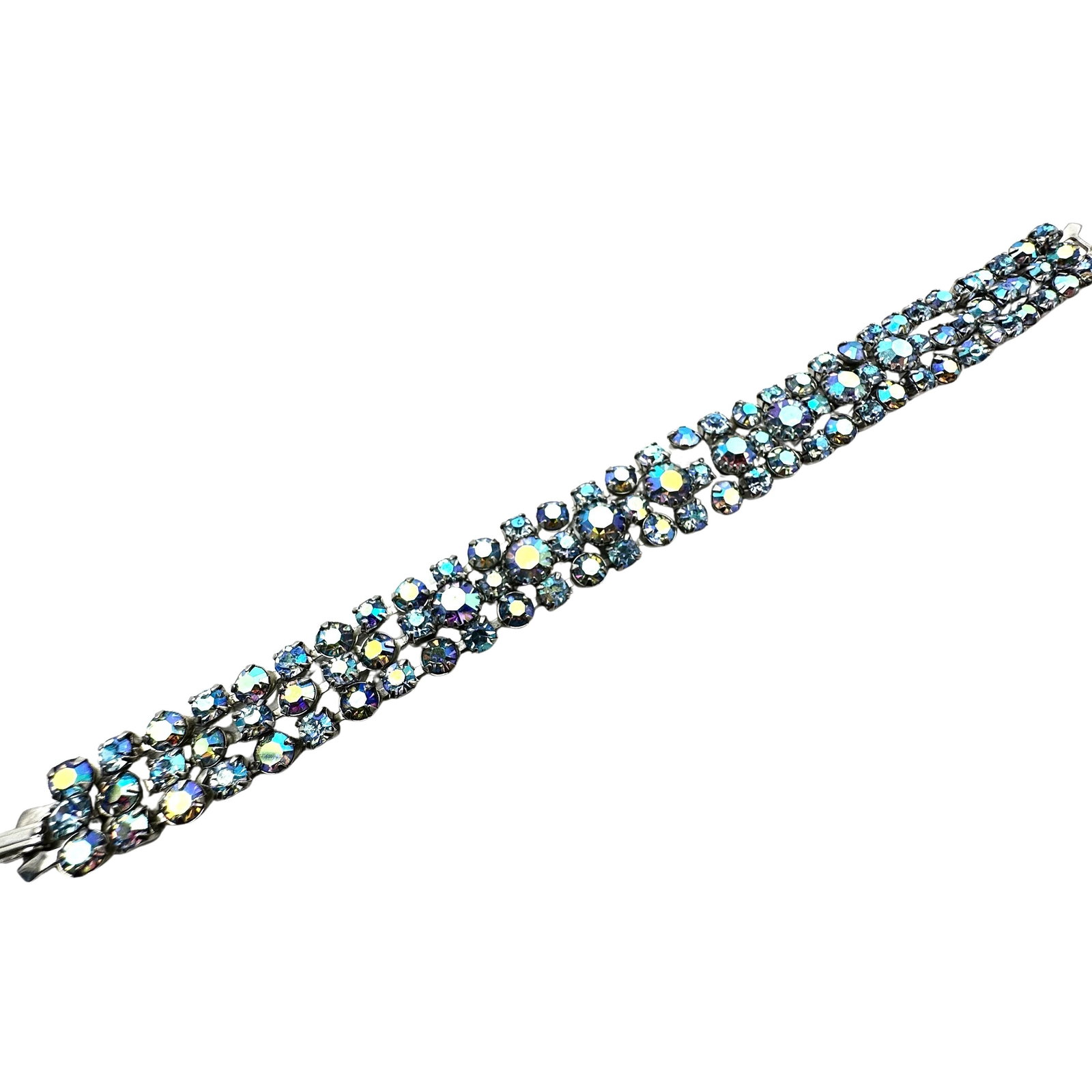 Vintage Blue Aurora Borealis Glass Rhinestone Silver Tone Bracelet 7 Inch: Vintage Blue Aurora Borealis Glass Rhinestone Silver Tone Bracelet 7 Inch