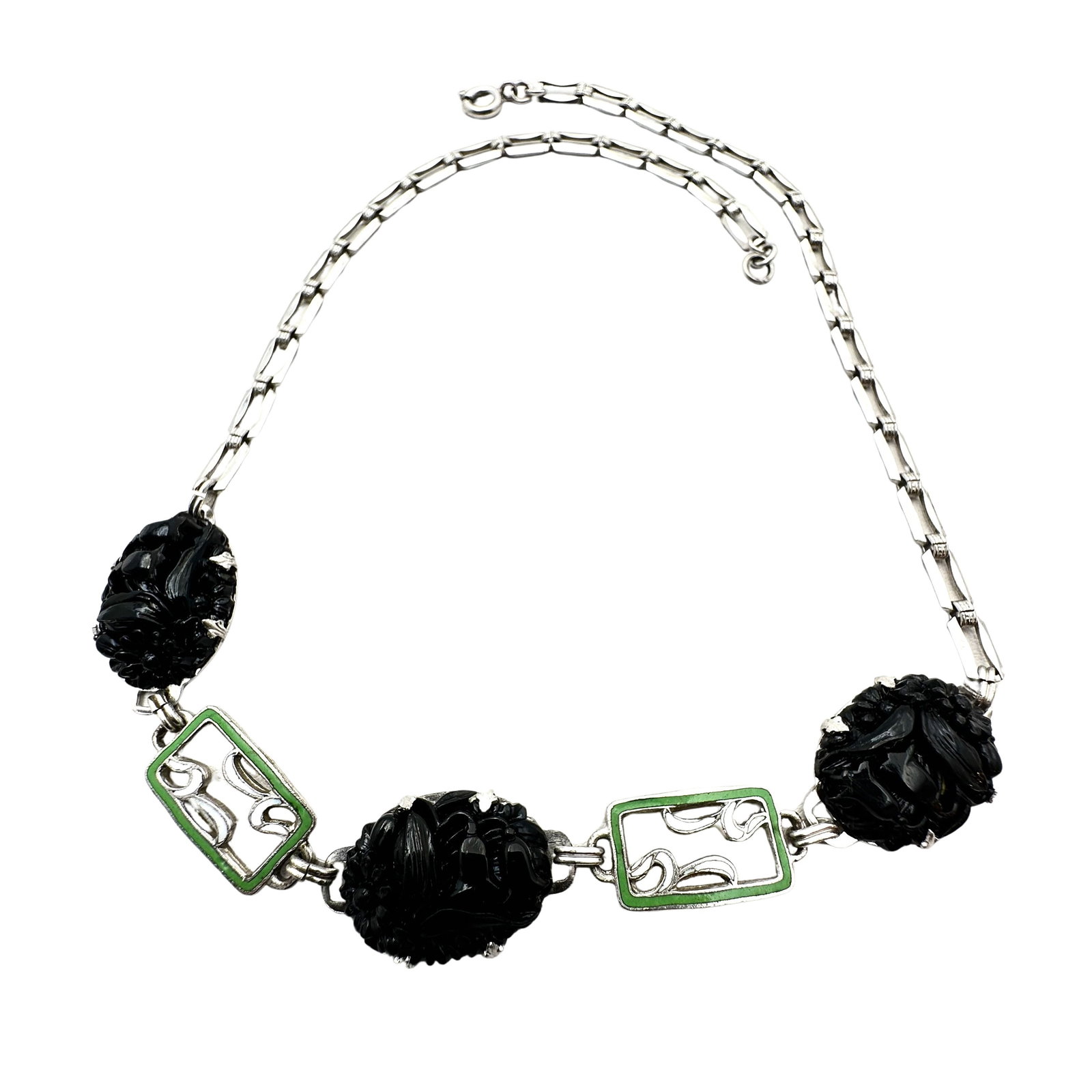 Vintage Art Deco Enamel And Glass Cabochon Silver Tone Necklace 15 Inch: Vintage Art Deco Enamel And Glass Cabochon Silver Tone Necklace 15 Inch