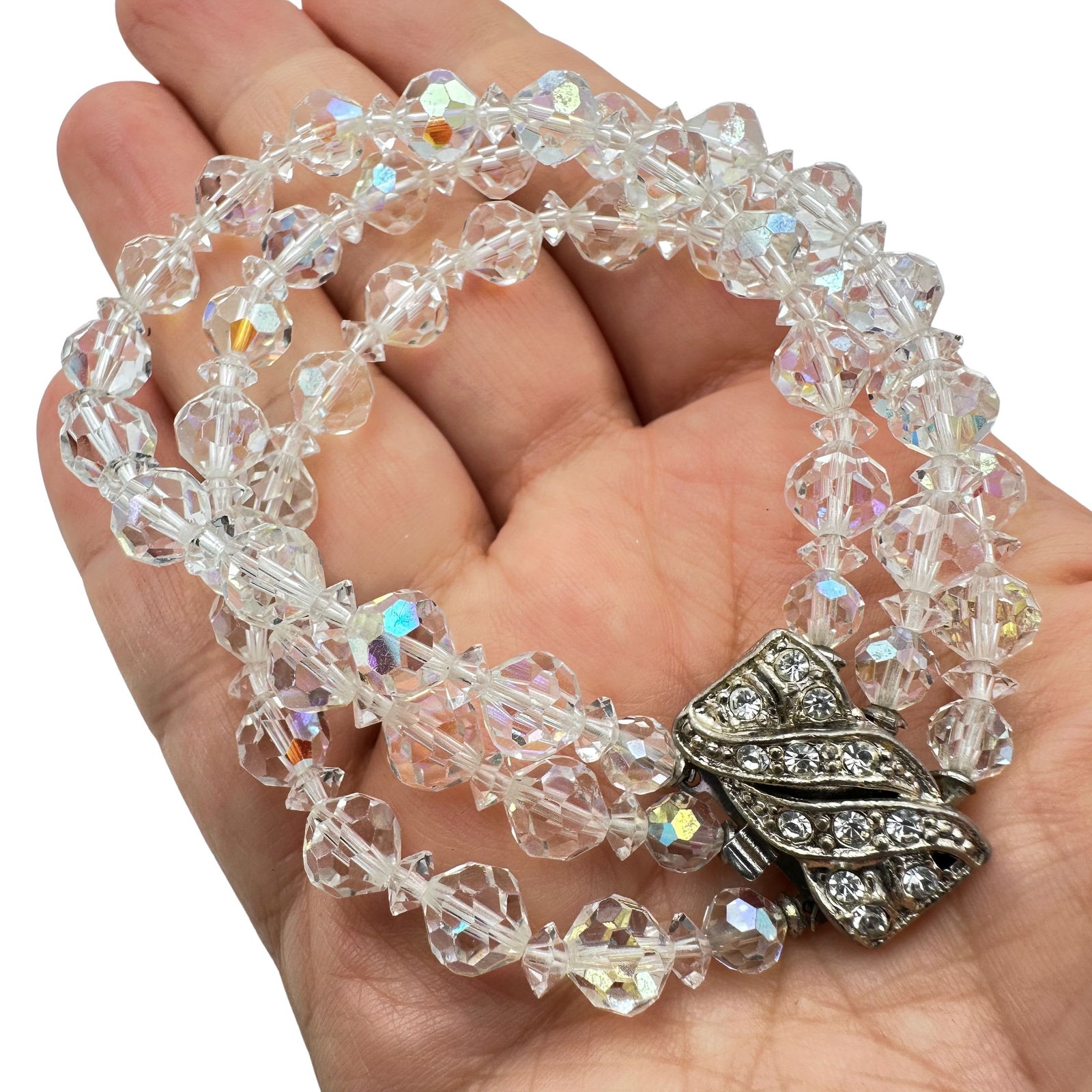 Vintage Three Strand Aurora Borealis Silver Tone Rhinestone Clasp Bracelet 7 Inch (1 of 2)