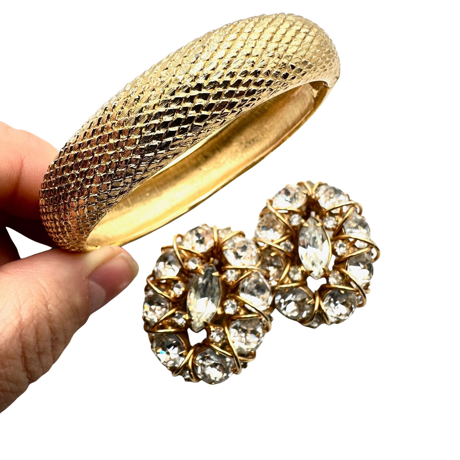 Vintage Alice Caviness Clear Rhinestone Gold Tone Clip Earrings Coordinating Monet Hinged Bangle (1 of 2)