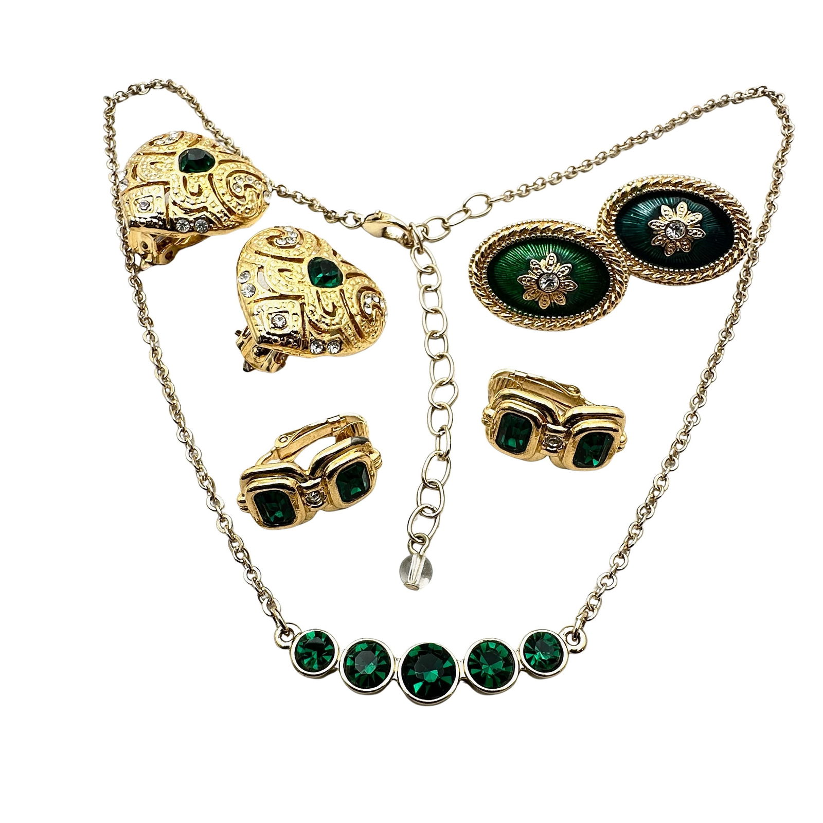 Vintage Green Crystal Gold Tone Necklace and Coordinating Green Rhinestone Earrings: Vintage Green Crystal Gold Tone Necklace and Coordinating Green Rhinestone Earrings