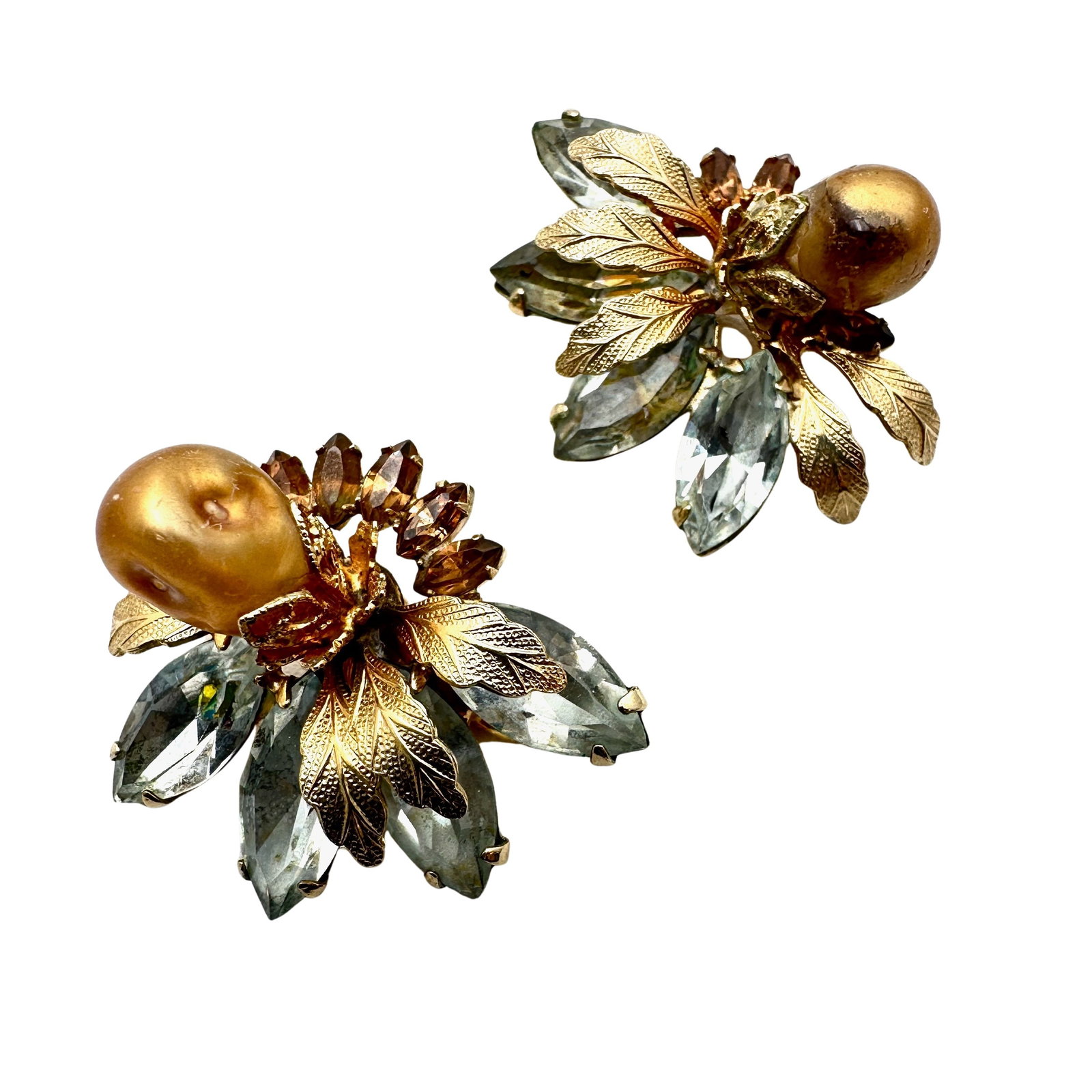 Vintage Vendome Faux Baroque Pearl Clear Rhinestone Gold Tone Clip Earrings: Vintage Vendome Faux Baroque Pearl Clear Rhinestone Gold Tone Clip Earrings