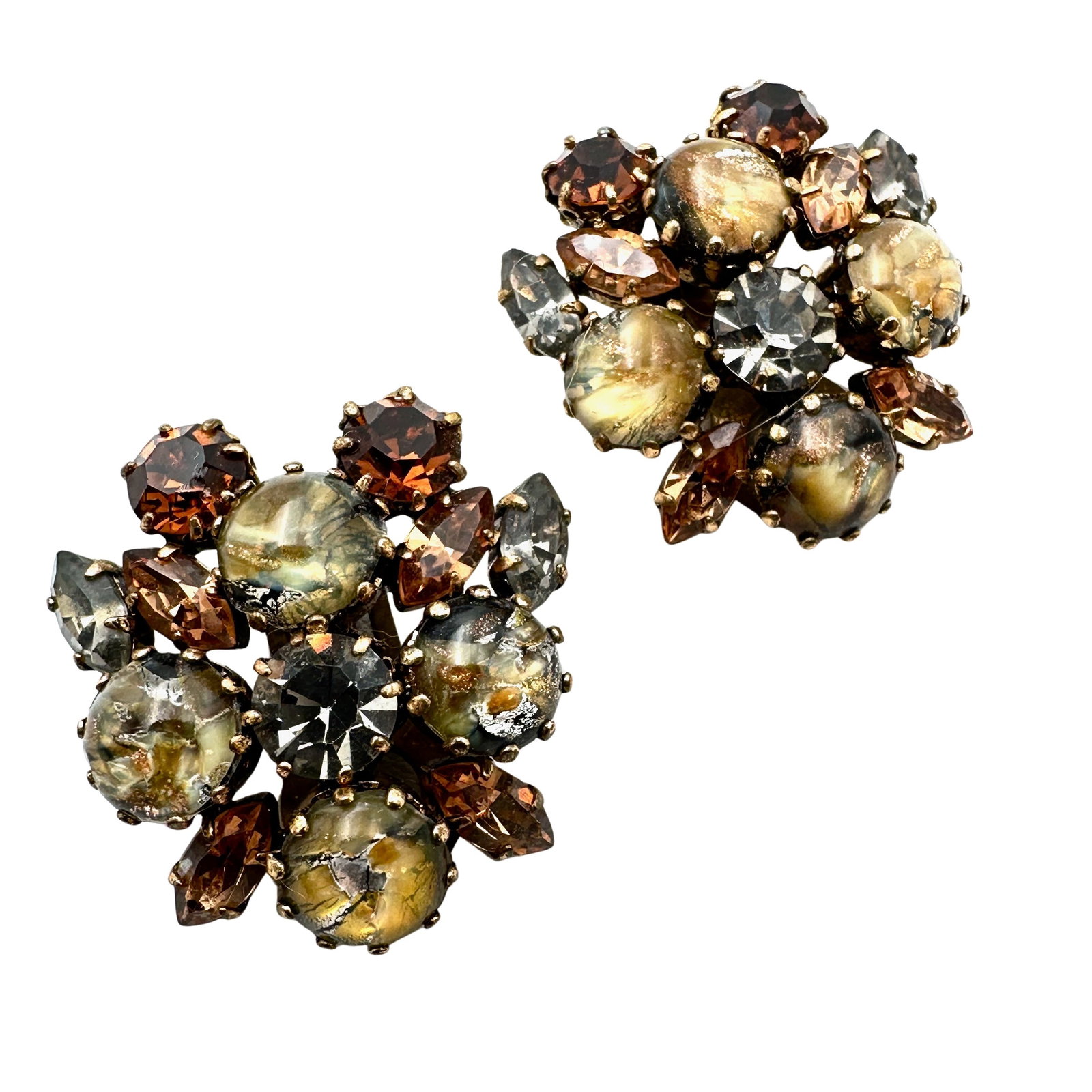 Vintage High end Amber Glass Rhinestone Silver Tone Clip Earrings 1.25 Inch: Vintage High end Amber Glass Rhinestone Silver Tone Clip Earrings 1.25 Inch