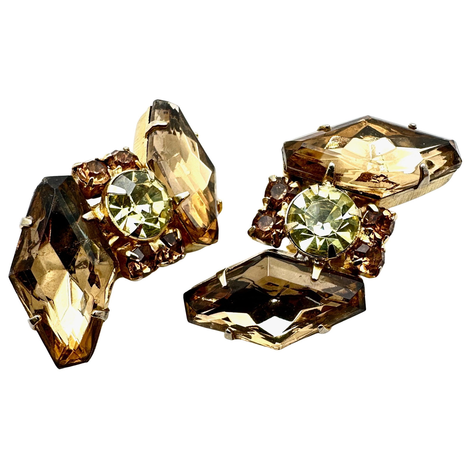 Vintage Amber and Yellow Glass Rhinestone Gold Tone Clip Earrings 1.5 Inch: Vintage Amber and Yellow Glass Rhinestone Gold Tone Clip Earrings 1.5 Inch