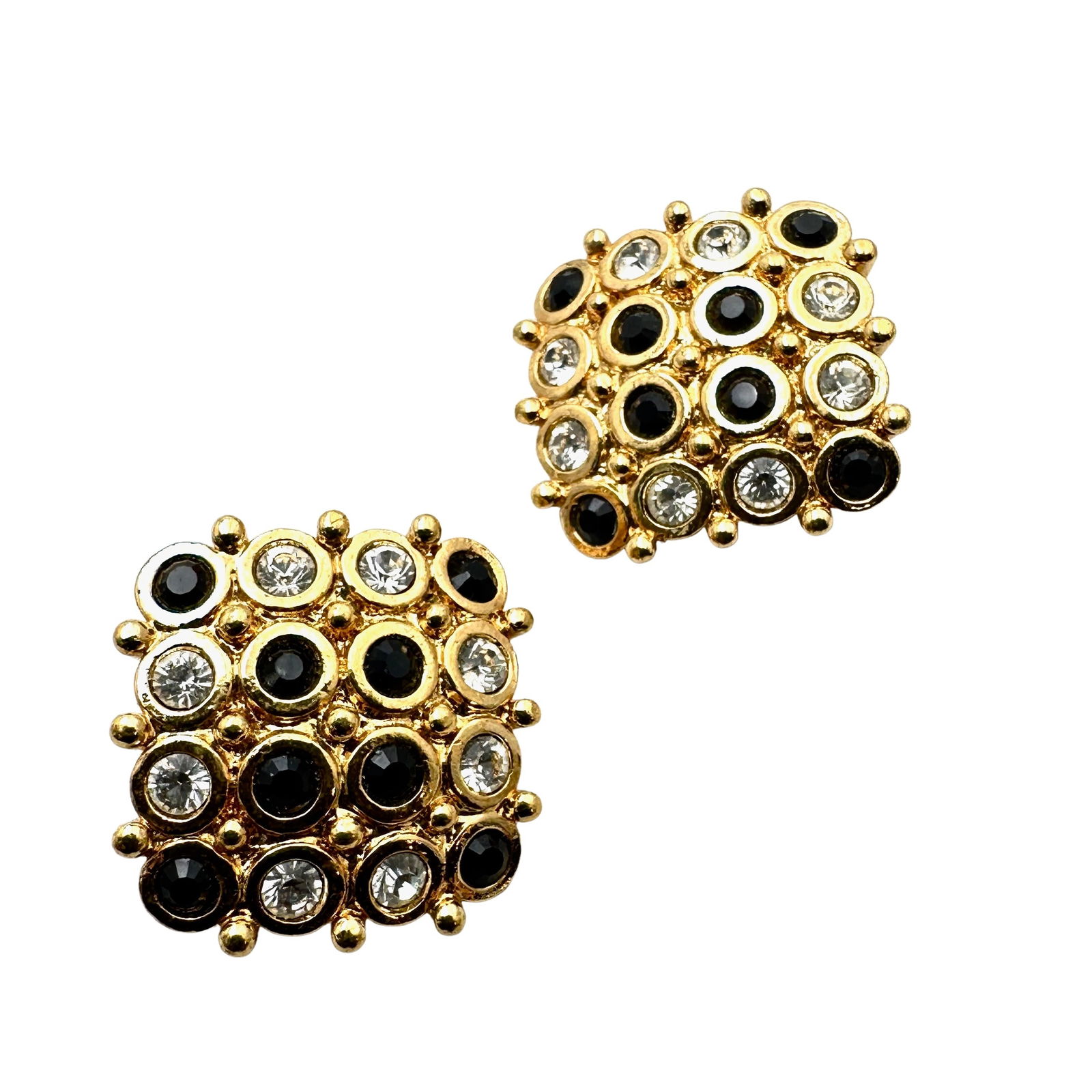 Vintage Swarovski Black and Clear Crystal Gold Tone Clip Earrings Swan Hallmark: Vintage Swarovski Black and Clear Crystal Gold Tone Clip Earrings Swan Hallmark