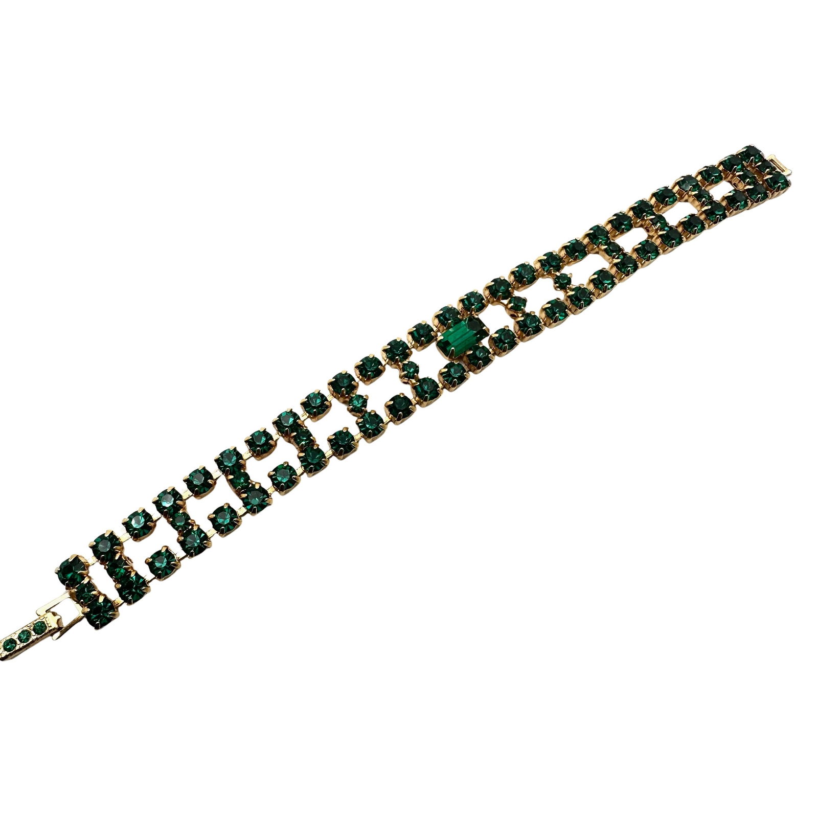 Vintage Green Glass Rhinestone Gold Tone Bracelet 6.5 Inch (1 of 2)