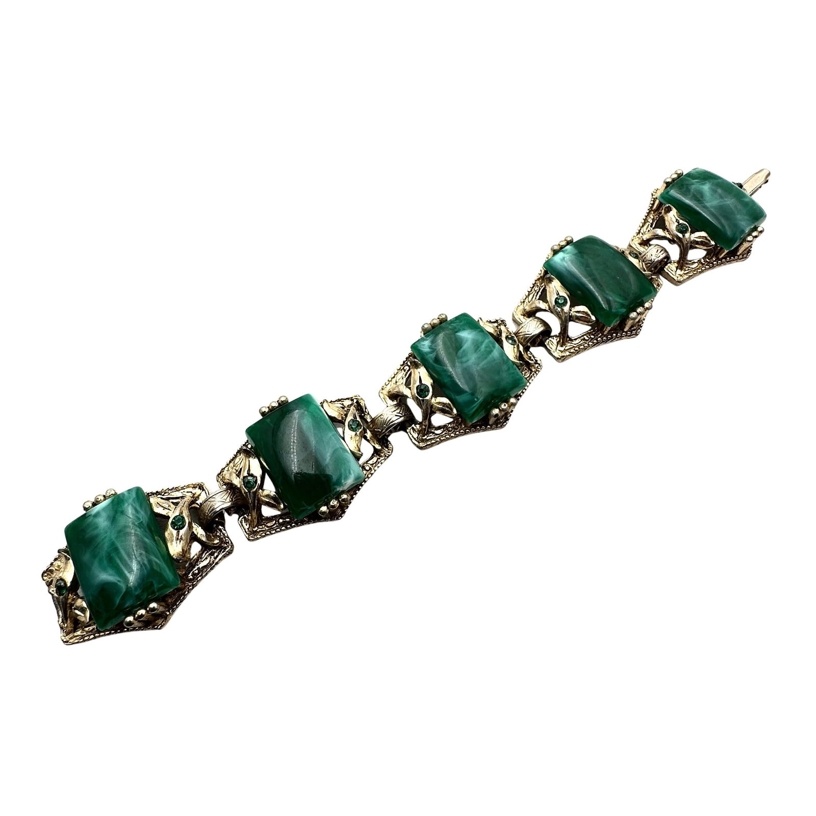 Vintage Marbled Green Lucite and Rhinestone Gold Tone Bracelet 7 Inch: Vintage Marbled Green Lucite and Rhinestone Gold Tone Bracelet 7 Inch