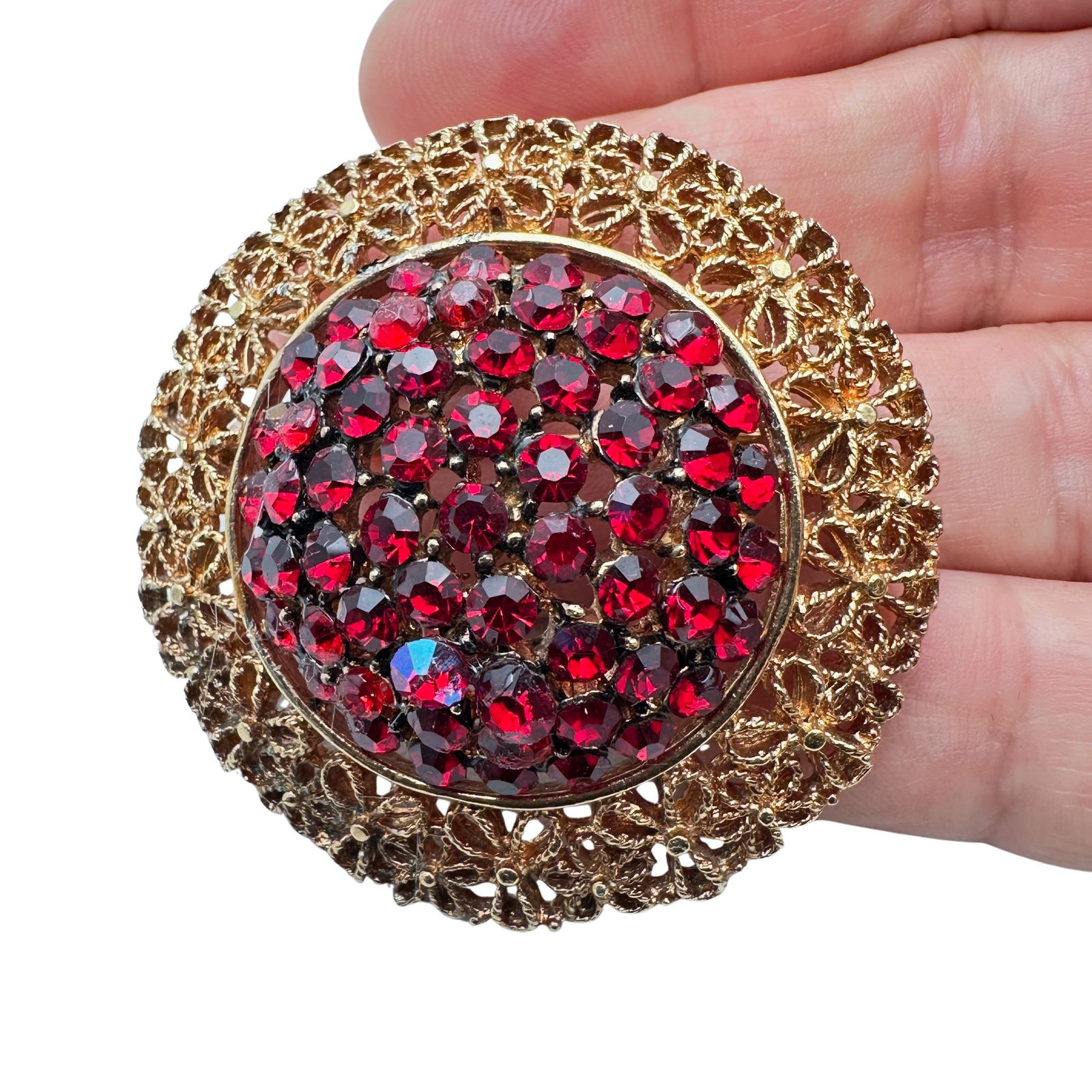 Vintage Karu Red Glass Rhinestone Gold Tone Brooch Pin Pendant Domed Design 1.75 Inch (1 of 2)