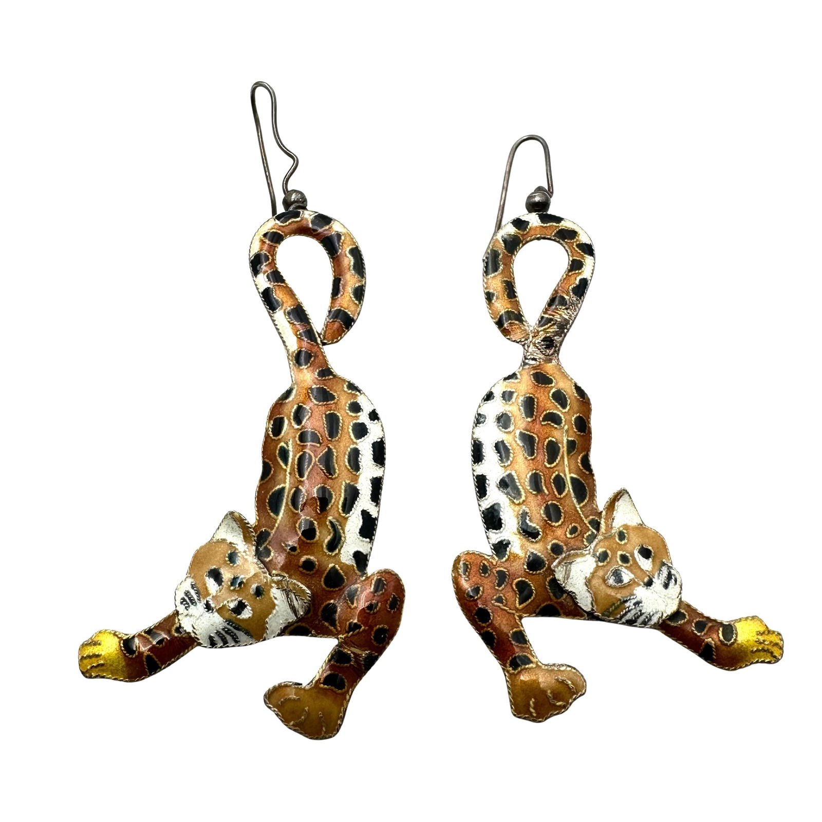Vintage Enamel Tiger Big Cat Sterling Silver 3 Inch Pierced Earrings Original Card: Vintage Enamel Tiger Big Cat Sterling Silver 3 Inch Pierced Earrings Original Card