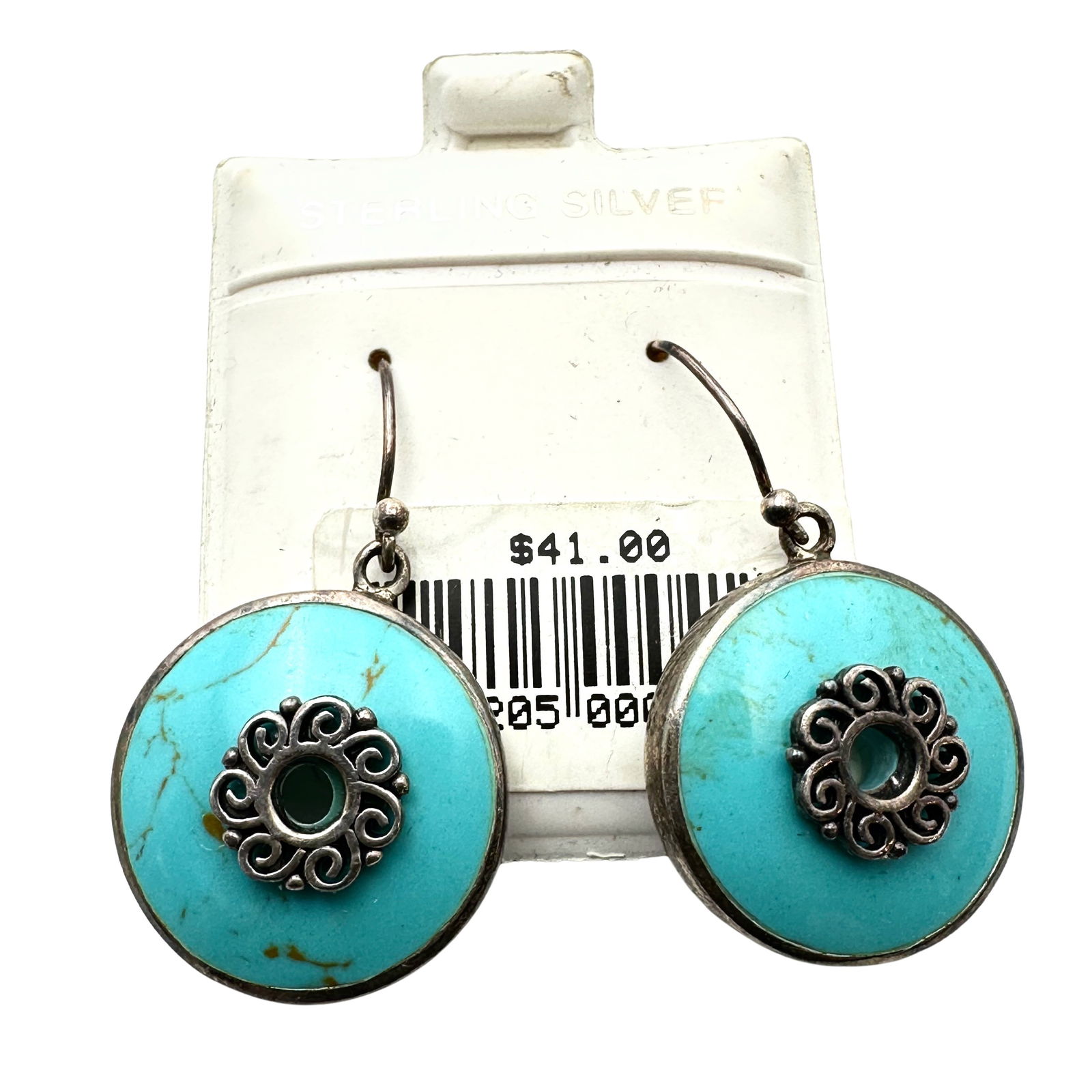 Vintage Turquoise Sterling Silver Pierced Earrings 1.5 Inch Original Card: Vintage Turquoise Sterling Silver Pierced Earrings 1.5 Inch Original Card
