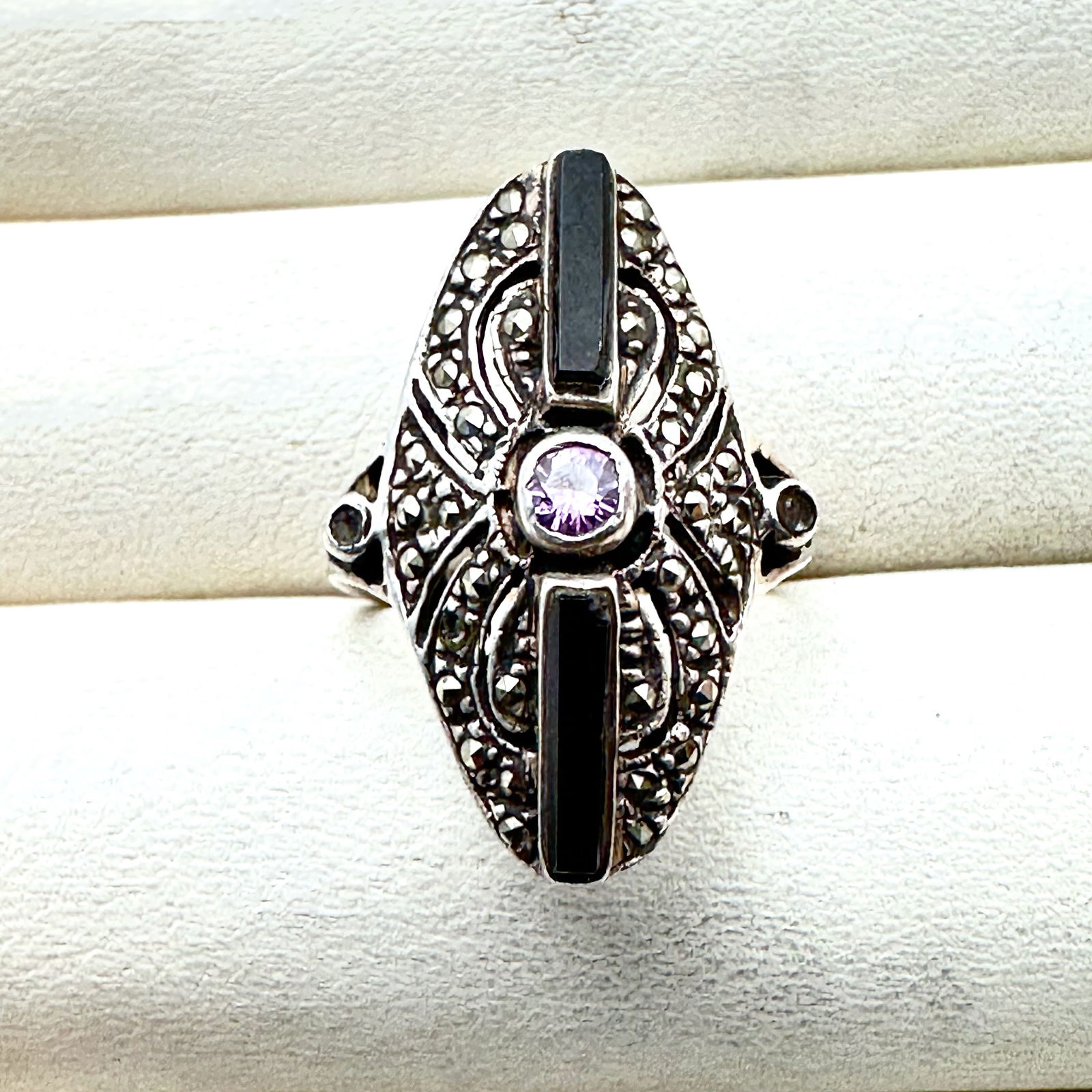 Purple Amethyst Black Onyx Marcasite Sterling Silver Ring Size 6.5 (1 of 2)