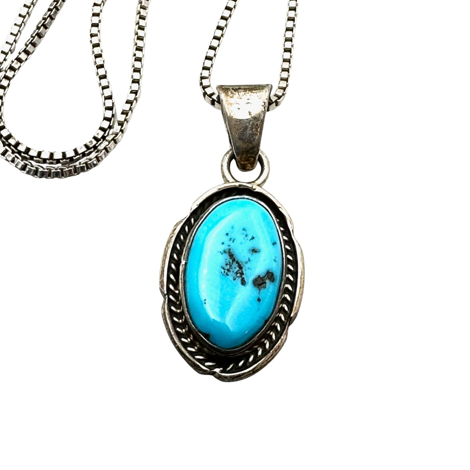 Vintage Native American Hallmarked WS Blue Turquoise Sterling Silver Necklace 16 Inch Chain 10 Grams (1 of 2)