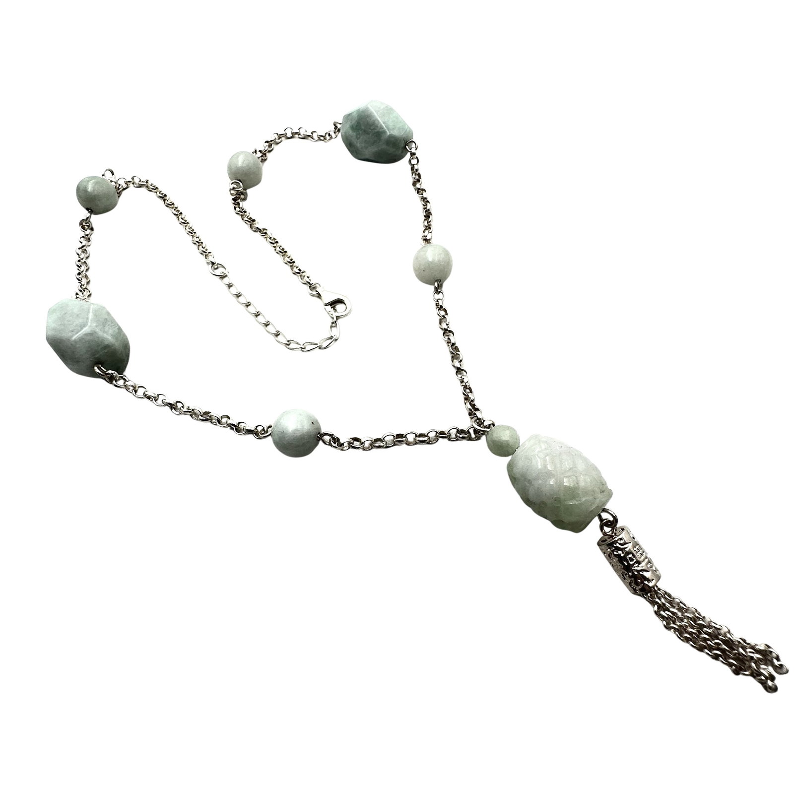 Green Jade Bead Sterling Silver Necklace 20 Inch Weight 42 Grams: Green Jade Bead Sterling Silver Necklace 20 Inch Weight 42 Grams