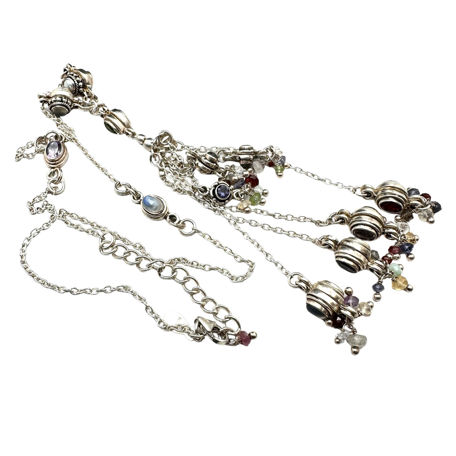 Multi Gemstone Tassel Pendant Sterling Silver 18 Inch Necklace Weight 40 Grams (1 of 2)