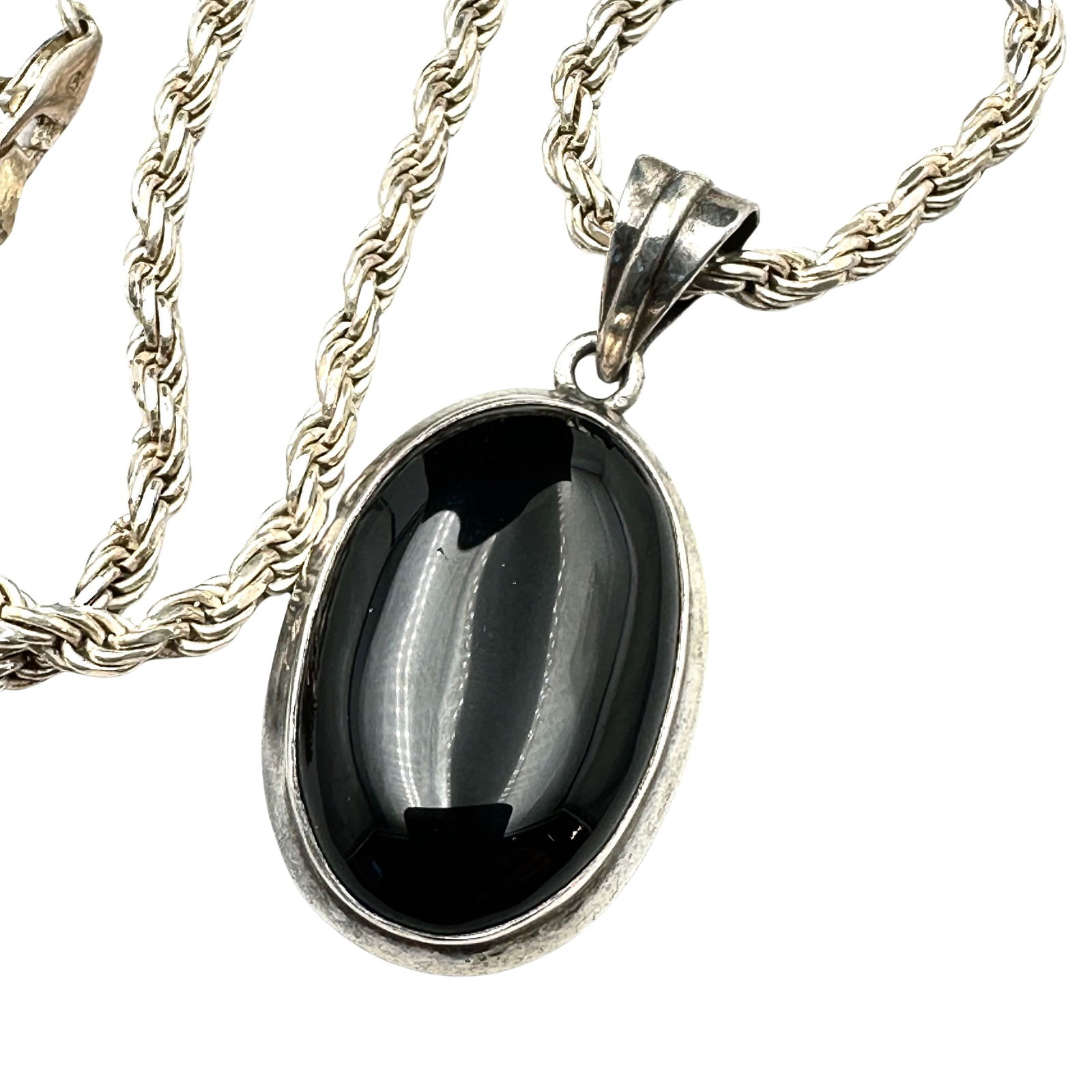 Black Onyx Oval Pendant Sterling Silver Necklace Heavy Rope Chain 18 Inch 36 Grams: Black Onyx Oval Pendant Sterling Silver Necklace Heavy Rope Chain 18 Inch 36 Grams