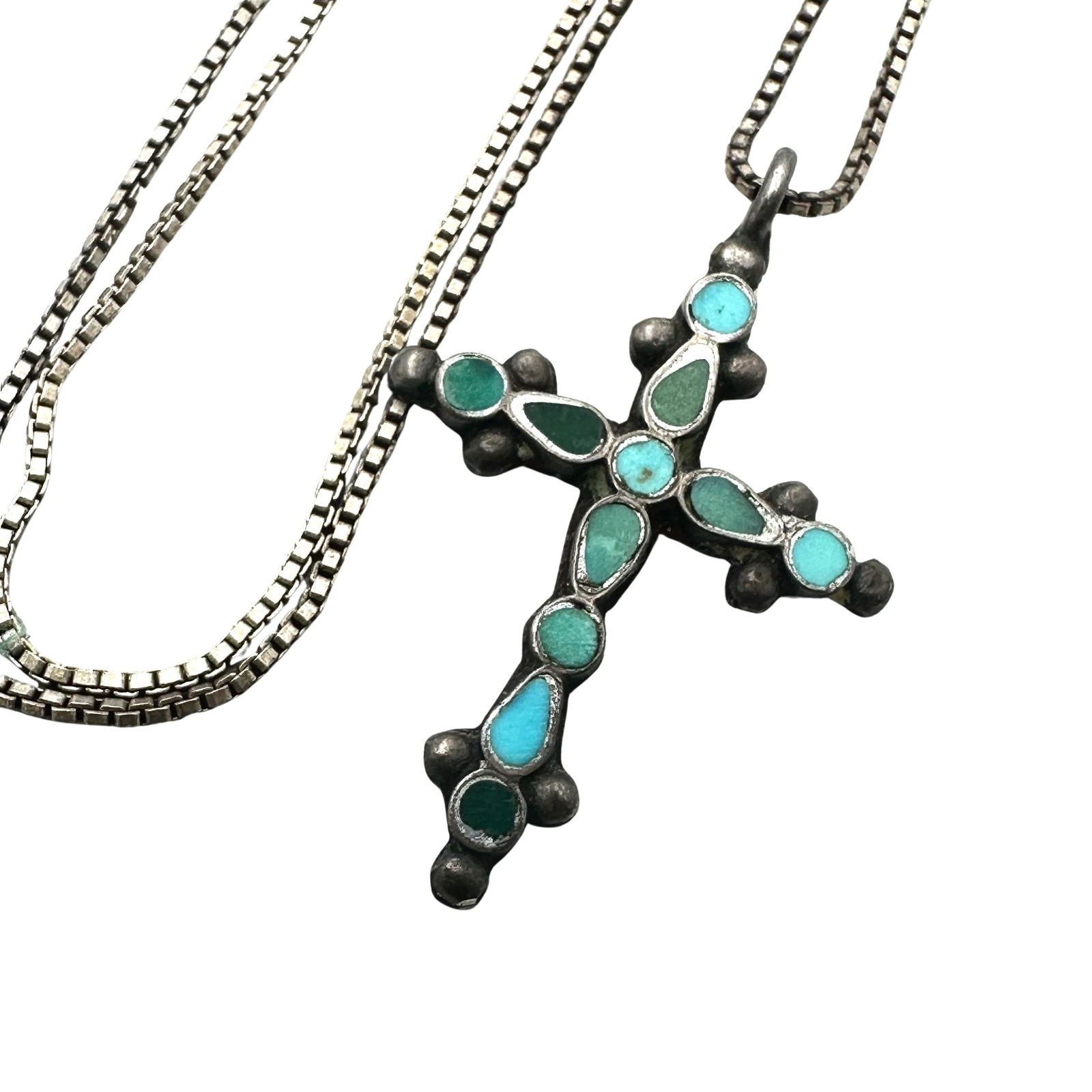 Vintage American Southwest Turquoise Cross Pendant Sterling Silver 16 Inch Necklace (1 of 2)