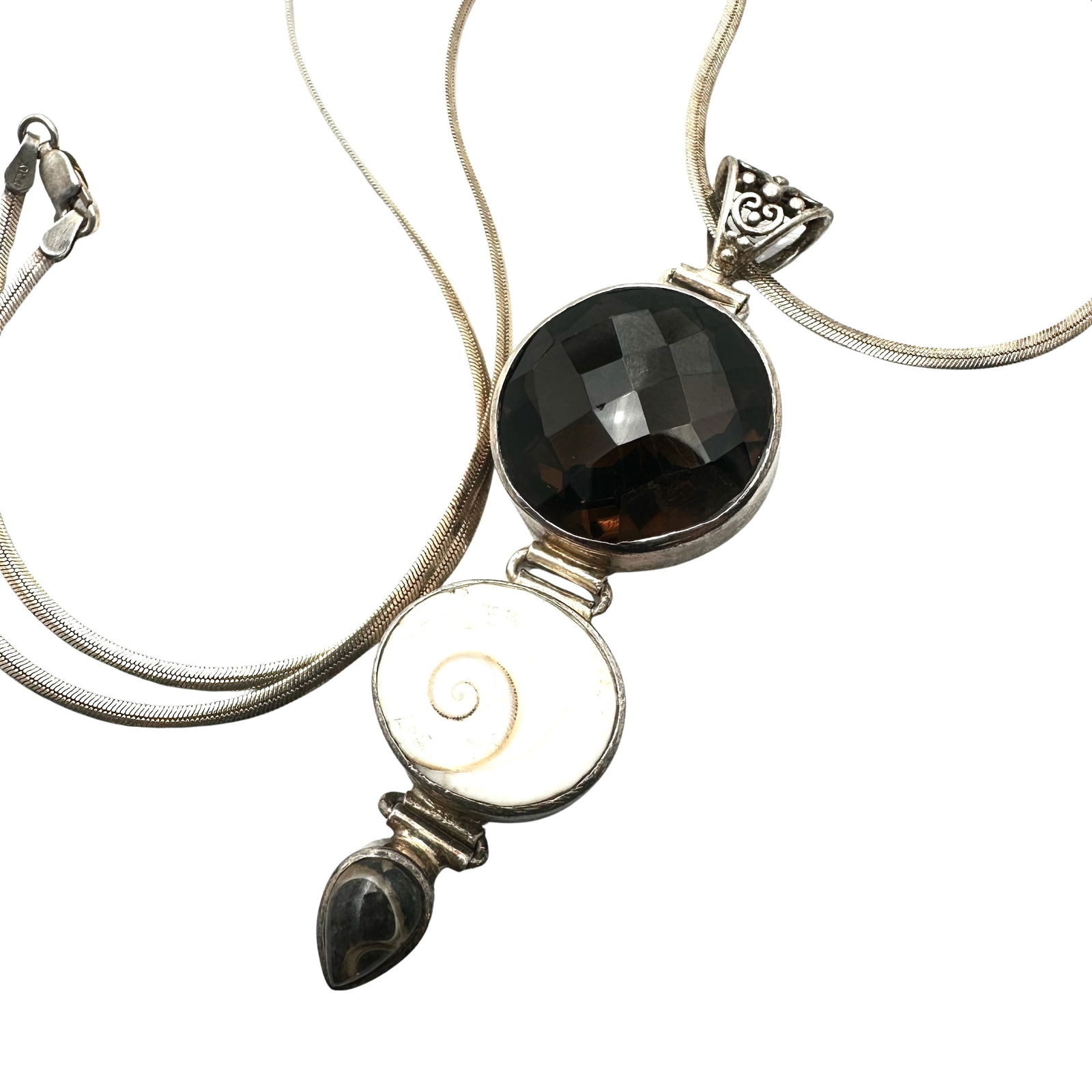 Smokey Topaz Gemstone Ammonite 3 Inch Pendant Sterling Silver 24 Inch Chain 28 Grams (1 of 2)