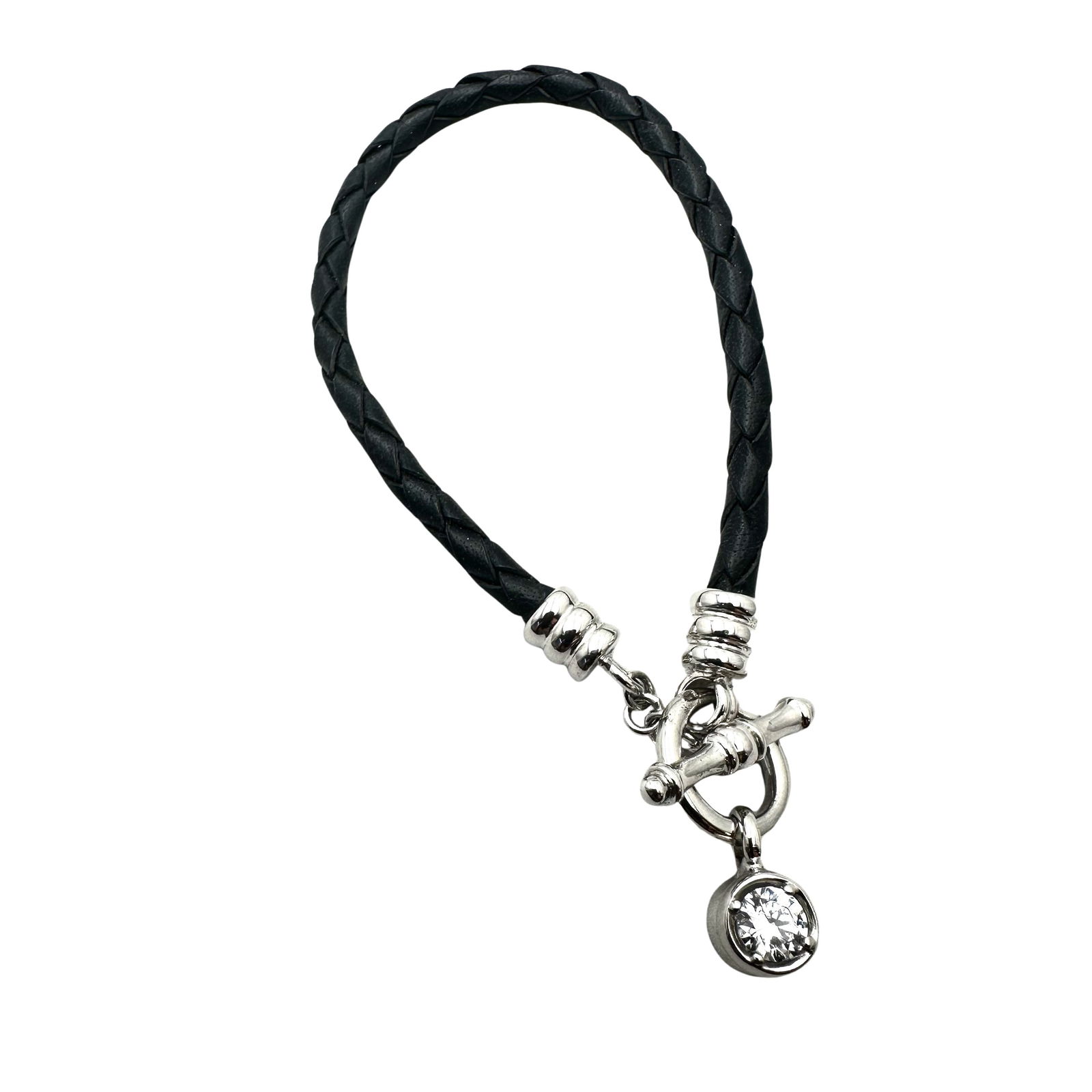 Black Leather Sterling Silver Toggle Bracelet Crystal Charm 8 Inch (1 of 2)