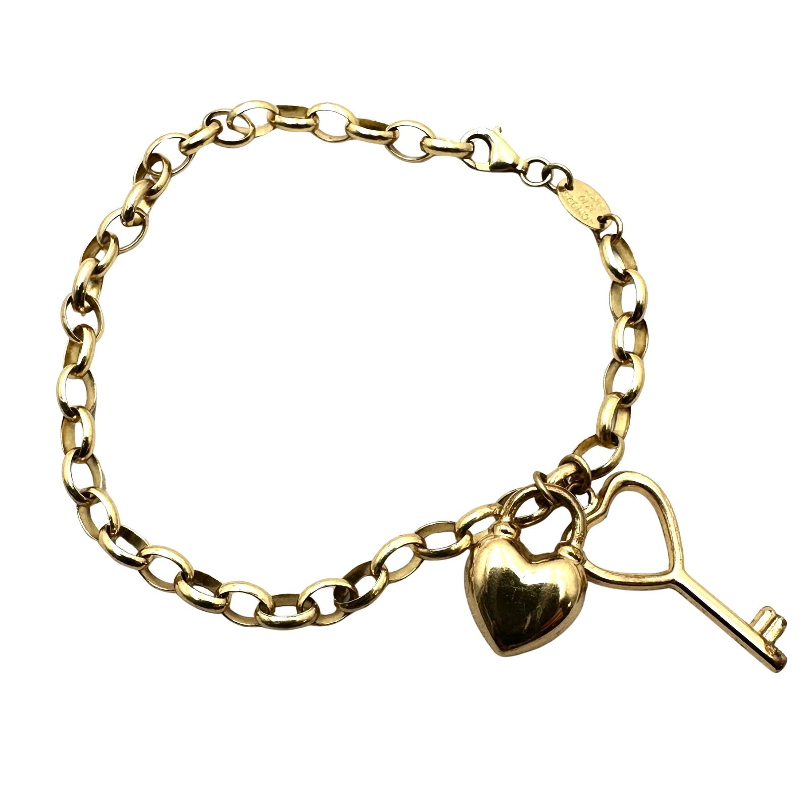 Gold Over Sterling Silver Bracelet Heart Lock And Key Design 7 Inch 5.7 Grams: Gold Over Sterling Silver Bracelet Heart Lock And Key Design 7 Inch 5.7 Grams