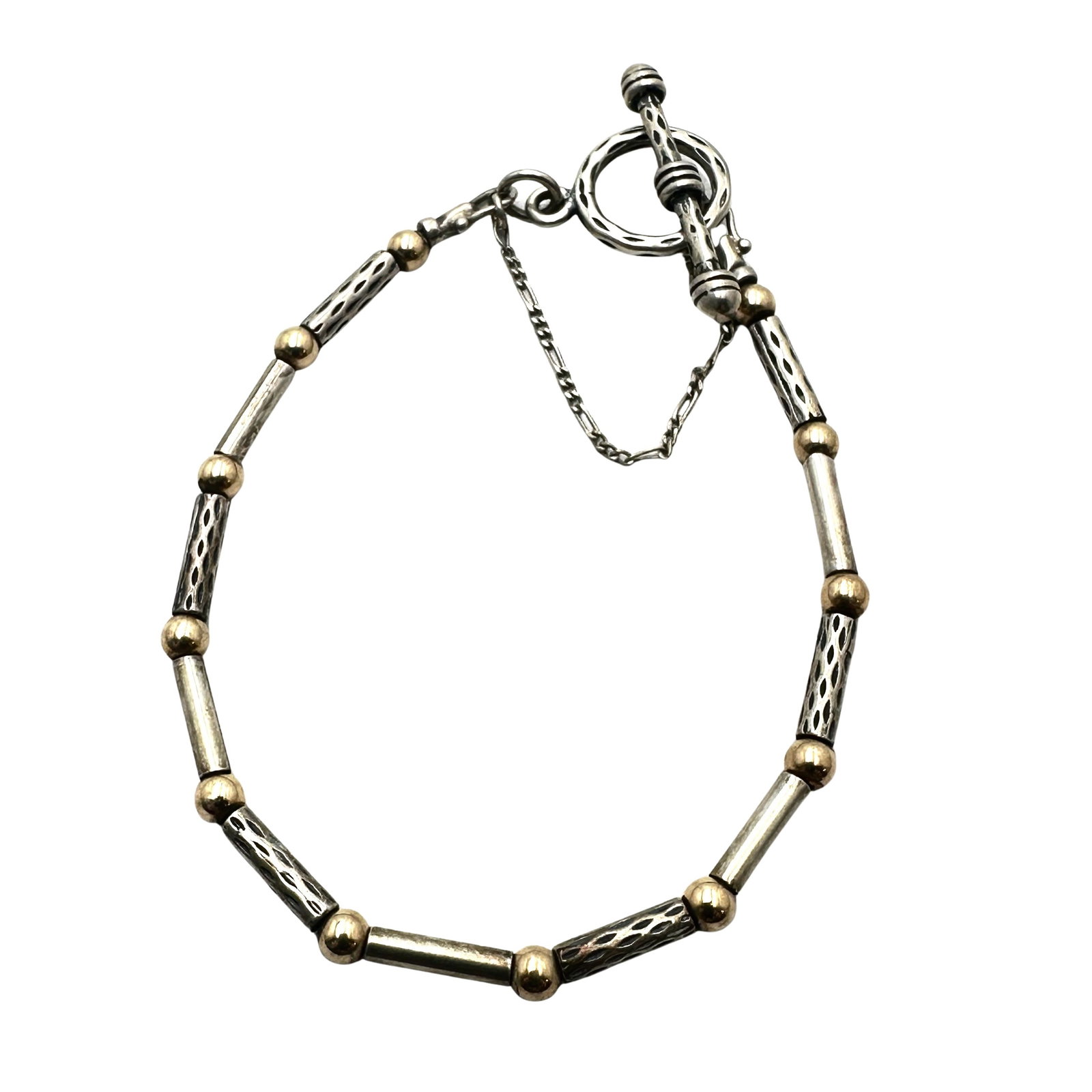 14K Gold And Sterling Silver Bracelet 7 Inch 9.2 Grams Toggle Clasp: 14K Gold And Sterling Silver Bracelet 7 Inch 9.2 Grams Toggle Clasp