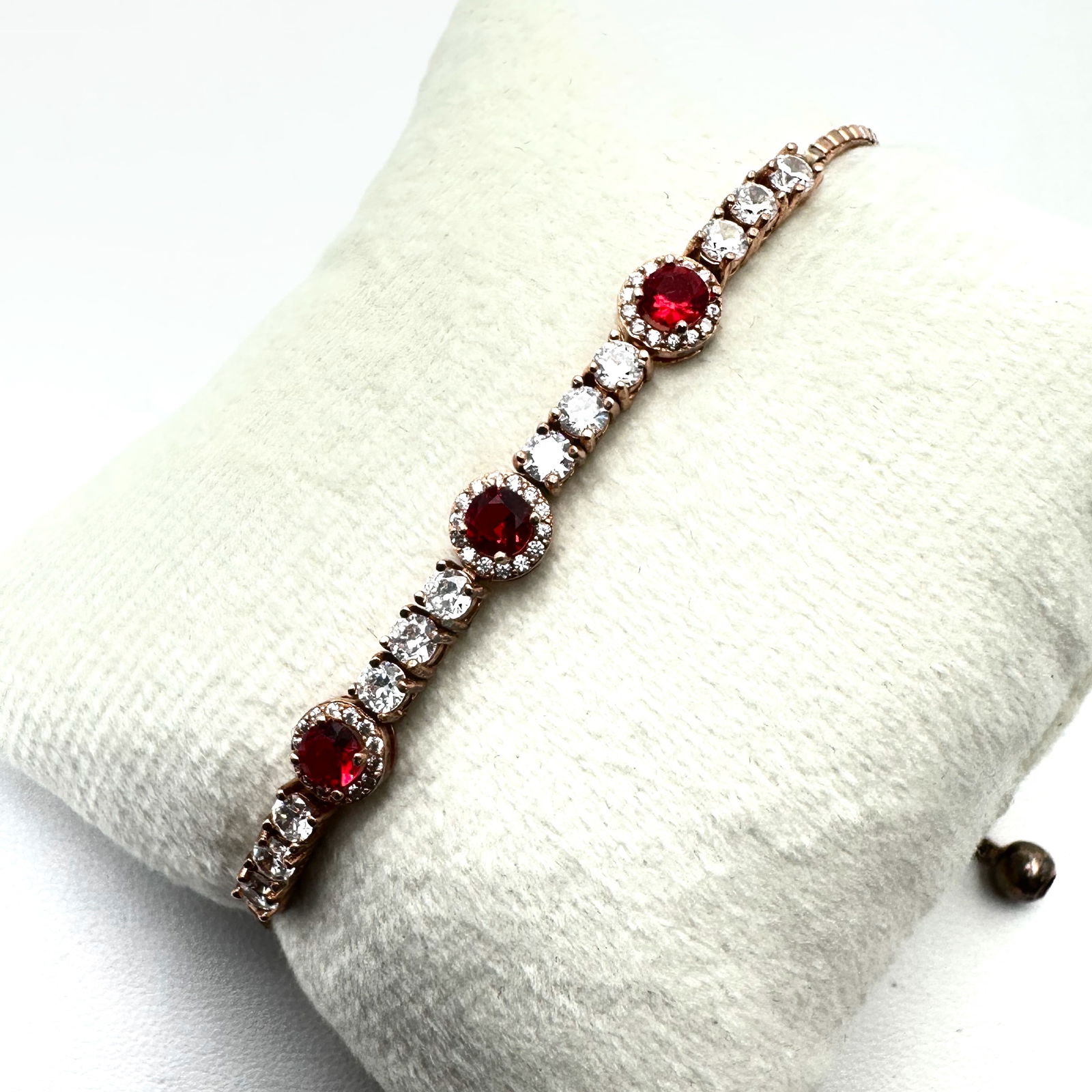 Red and Clear Cubic Zirconia Rose Gold Over Sterling Silver Bracelet Adjustable Size 7.3 Grams (1 of 2)