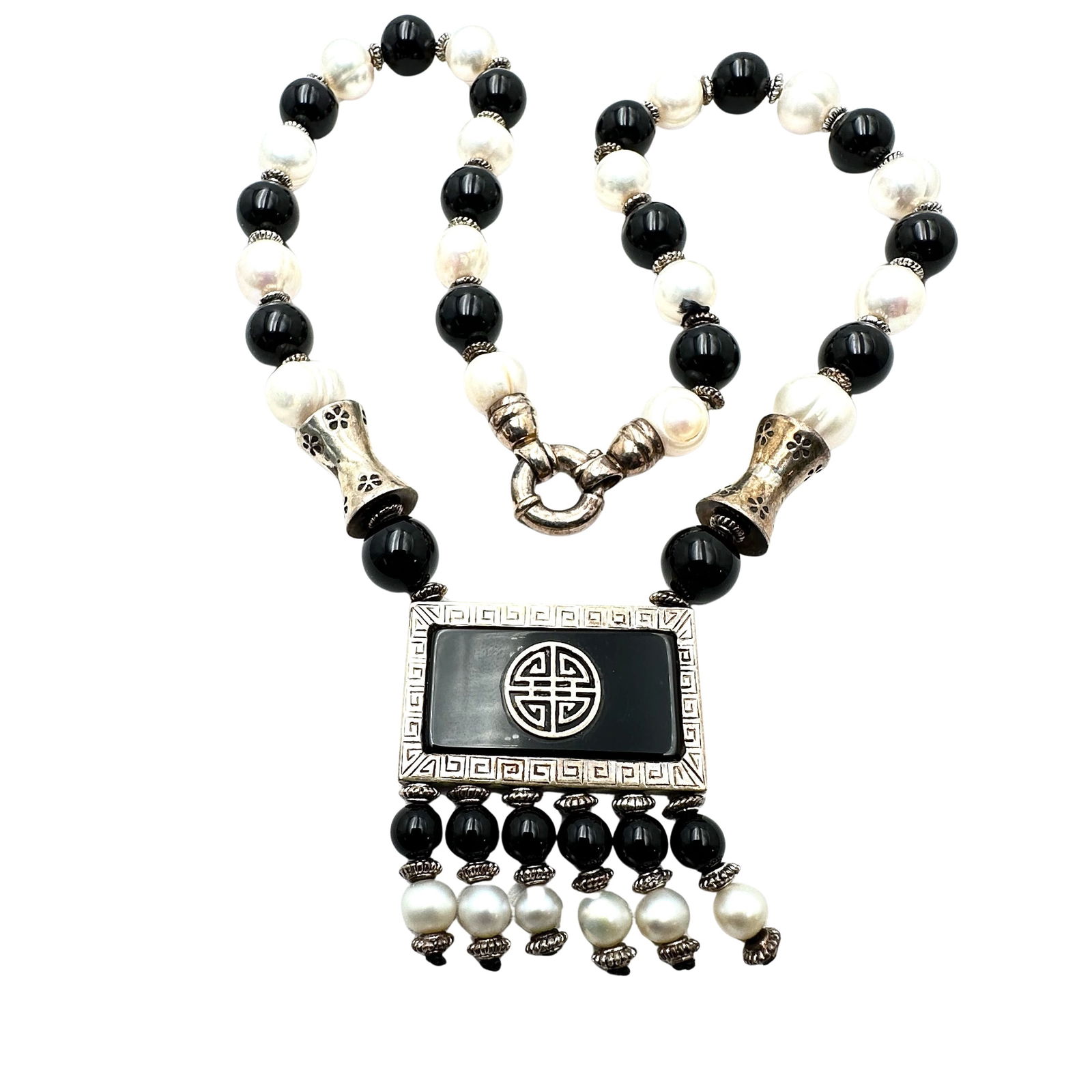 Black Onyx Bead And Pearl Asian Design Pendant Sterling Silver Necklace 17 Inch: Black Onyx Bead And Pearl Asian Design Pendant Sterling Silver Necklace 17 Inch