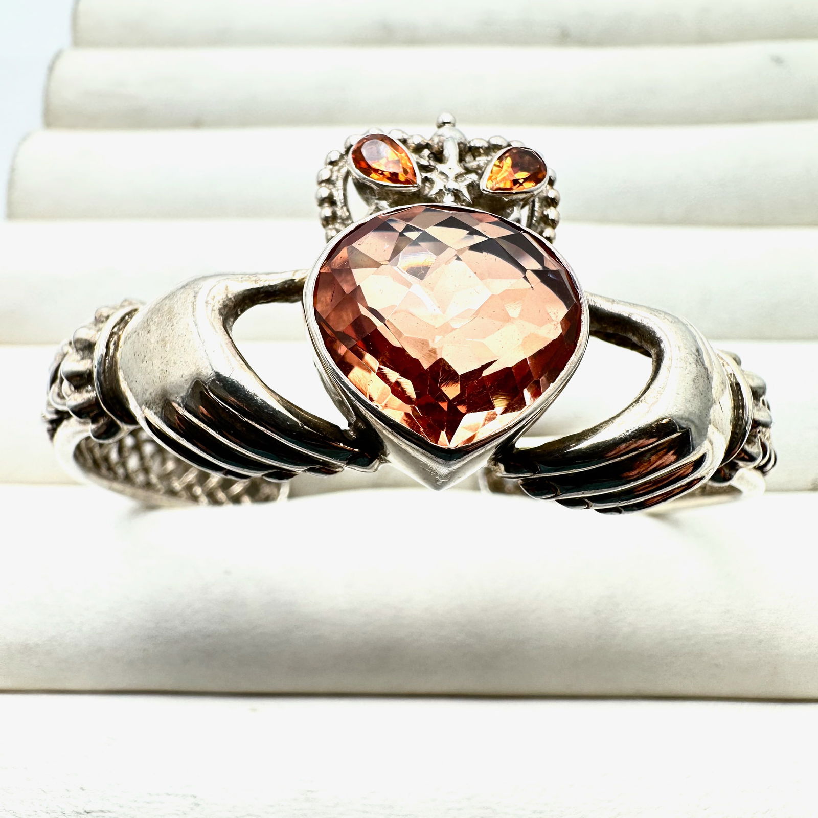 Celtic Irish Orange Gemstone Sterling Silver Cuff Bracelet 7 Inch Adjustable 23 Grams (1 of 2)