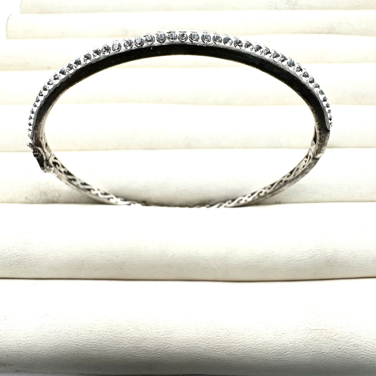 Clear Crystal Sterling Silver Hinged Bangle Bracelet 7.5 Inch 12 Grams (1 of 2)