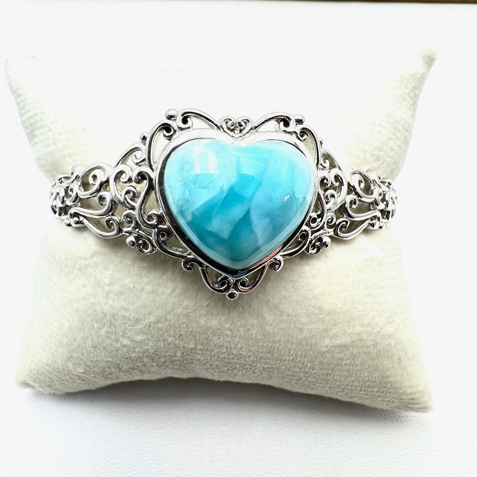 Blue Larimar Sterling Silver Heart Design Toggle 7.5 Inch 32 Gram Bracelet (1 of 2)
