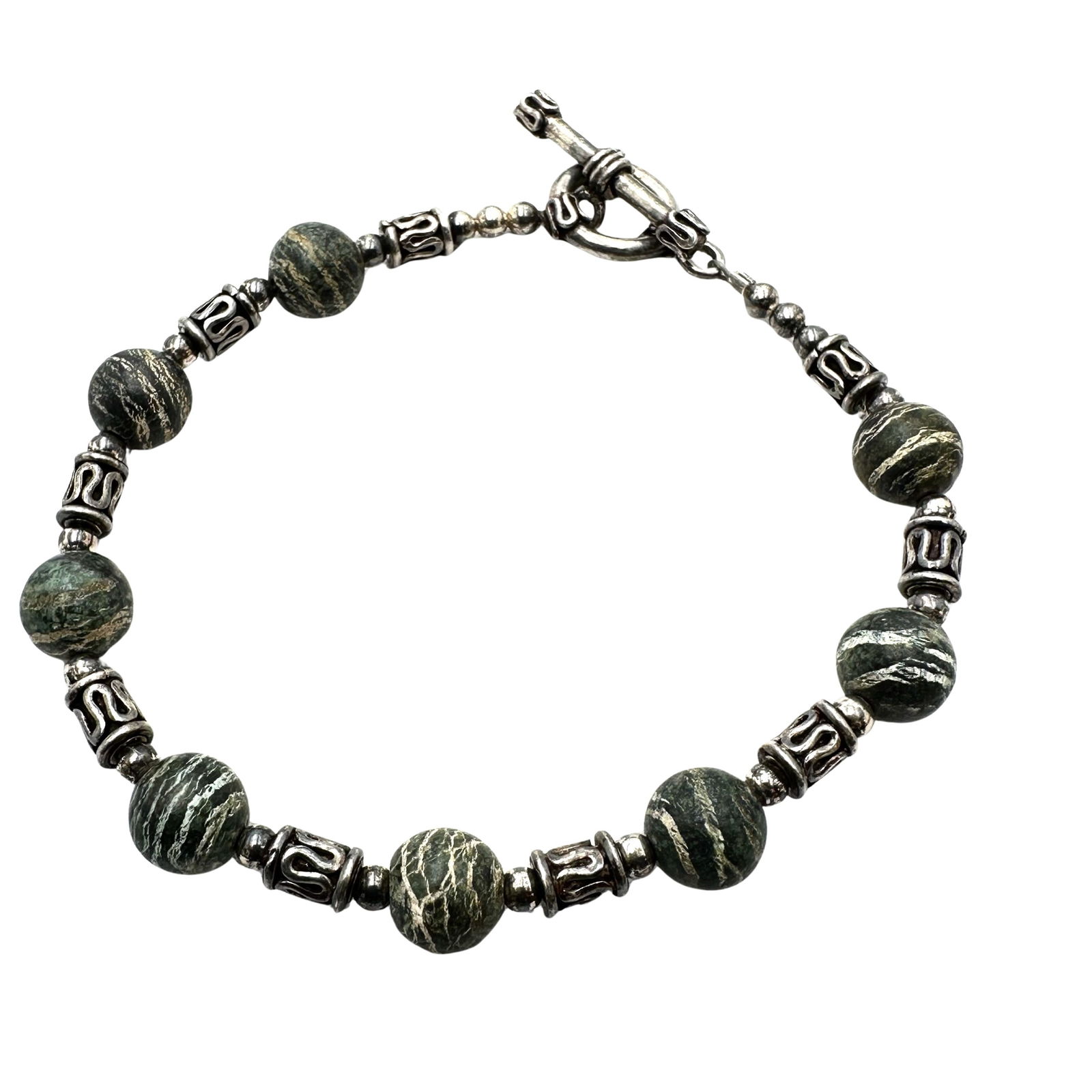 Green Gemstone Bead Sterling Silver Toggle Clasp Bracelet 8 Inch 16 Grams (1 of 2)