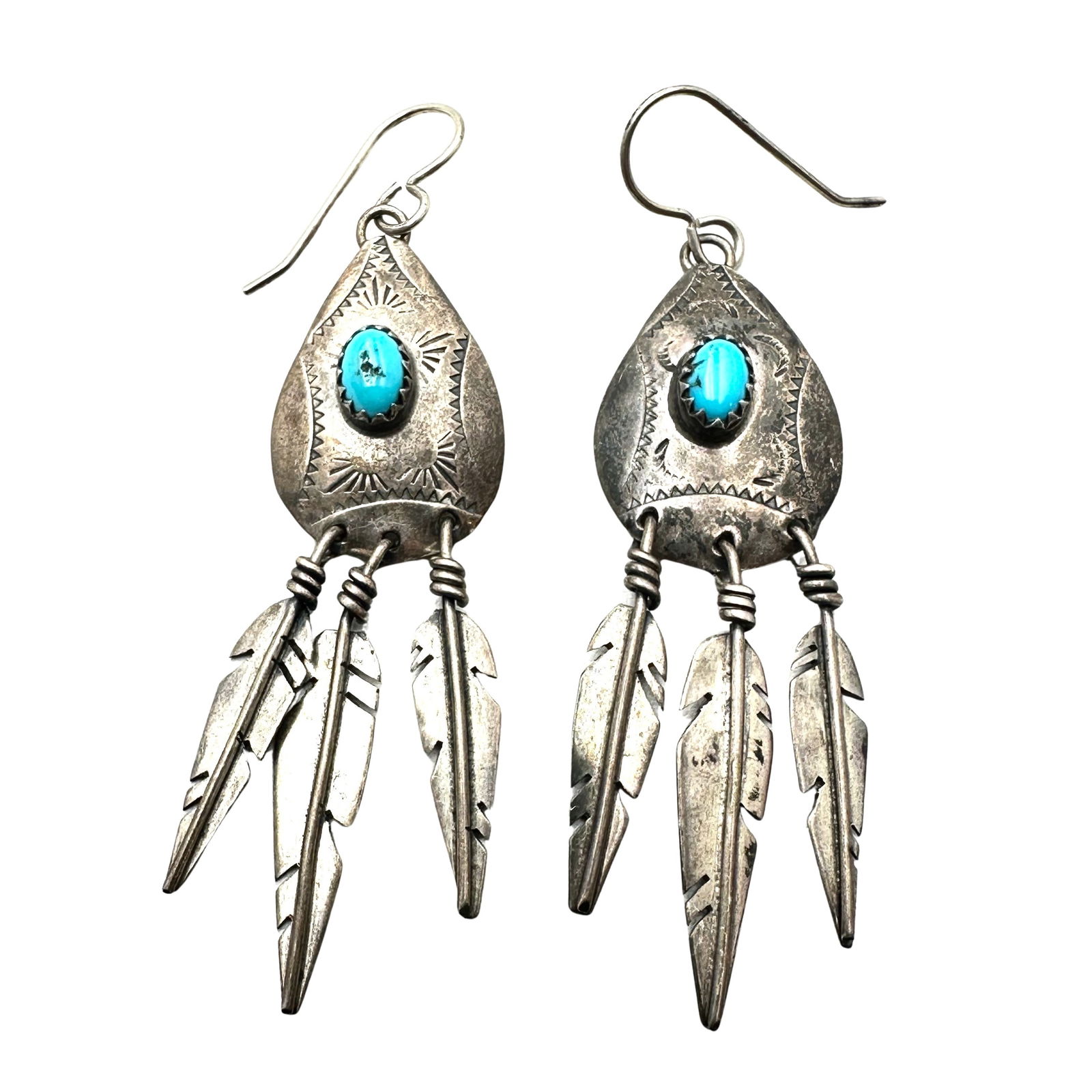 American Southwest Turquoise Sterling Silver Feather Pierced Earrings 2.5 Inch: American Southwest Turquoise Sterling Silver Feather Pierced Earrings 2.5 Inch