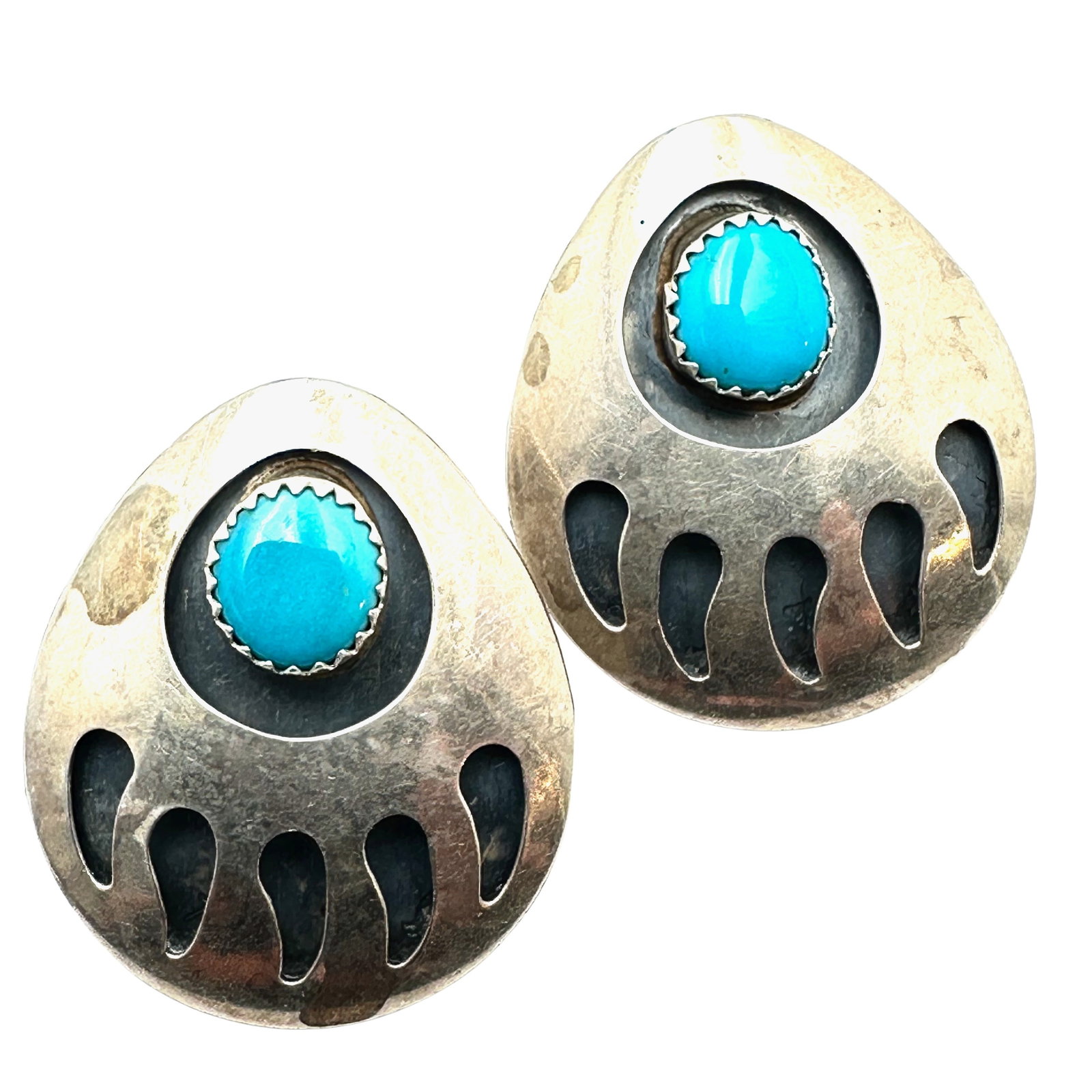 Native American Turquoise Bear Claw Design Pierced Sterling Silver Earrings 1.5 Inch: Native American Turquoise Bear Claw Design Pierced Sterling Silver Earrings 1.5 Inch