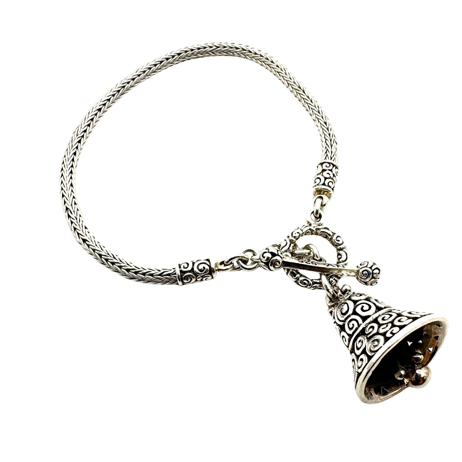 Novica Indonesian Sterling Silver Toggle Clasp Bracelet With Bell Charm 8 3/4 Inch Weight 16.1 Grams (1 of 2)