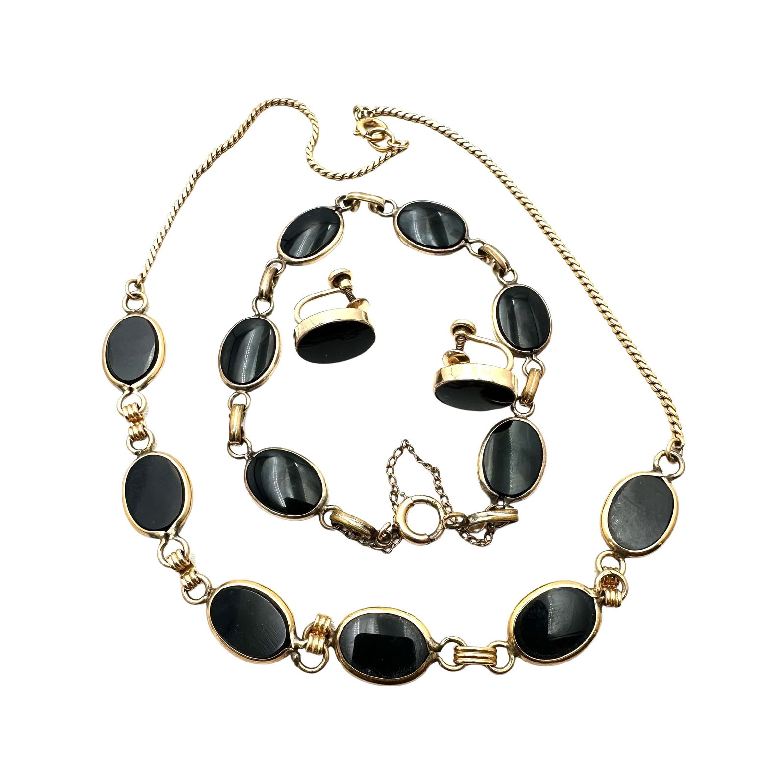 Antique Gold Filled Black Onyx Necklace Bracelet and Earrings Set (1 of 2)