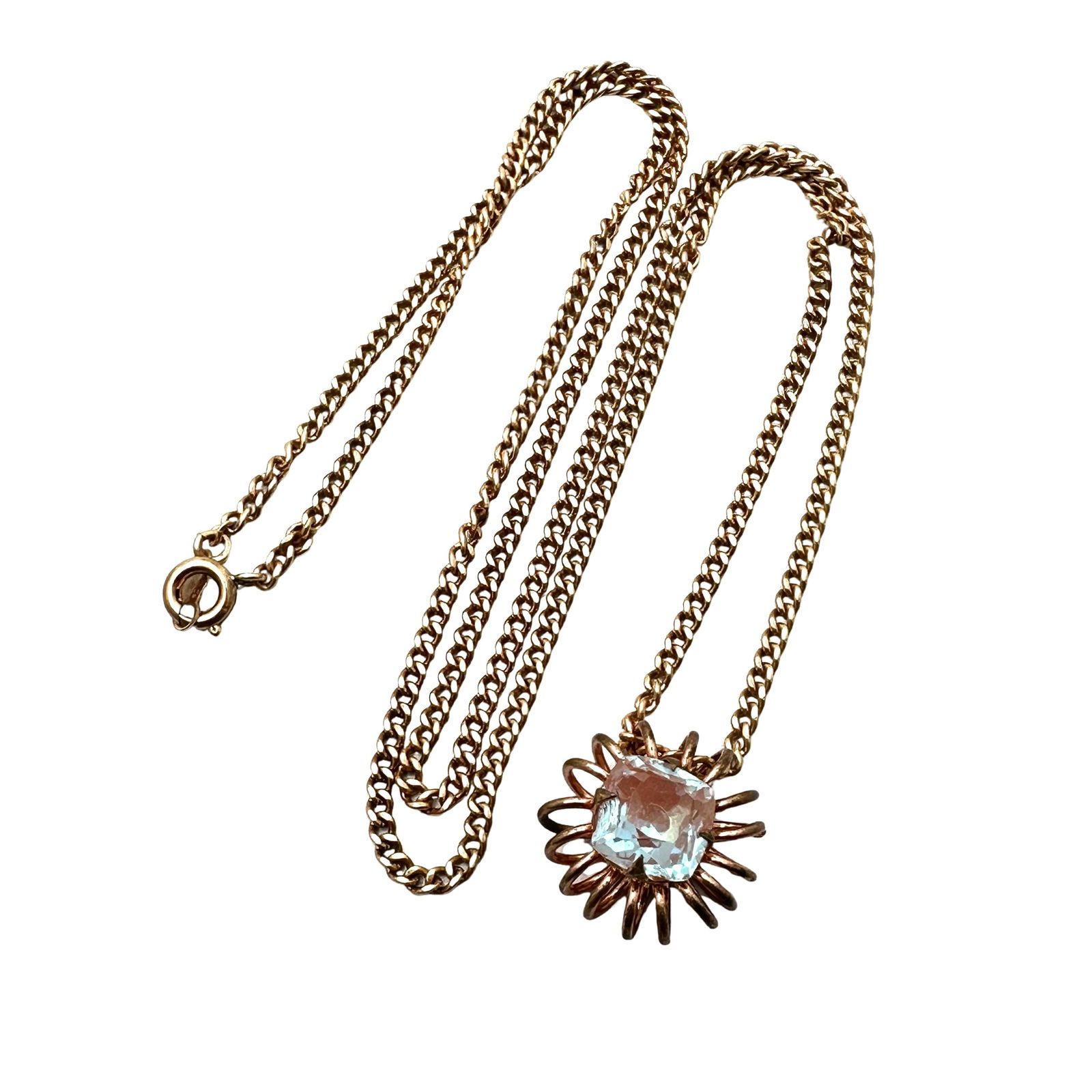 Antique Saphiret Glass Gold Filled Pendant Necklace 22 Inch Chain 1920s Era Saphiret Glass Stone: Antique Saphiret Glass Gold Filled Pendant Necklace 22 Inch Chain 1920s Era Saphiret Glass Stone