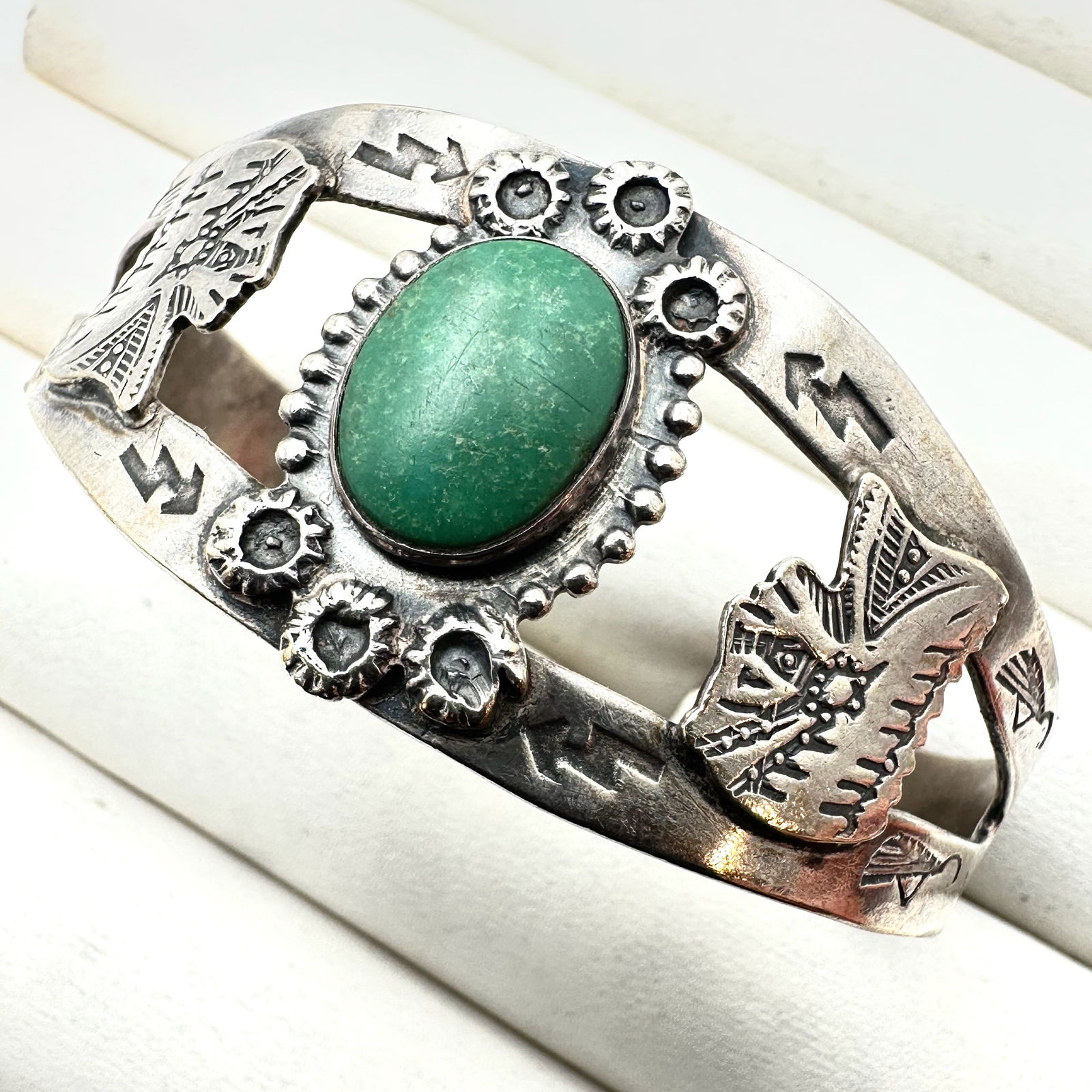 Vintage Native American Harvey Era Green Turquoise Sterling Silver Cuff Bracelet 6.5 Inch Adjustable (1 of 4)