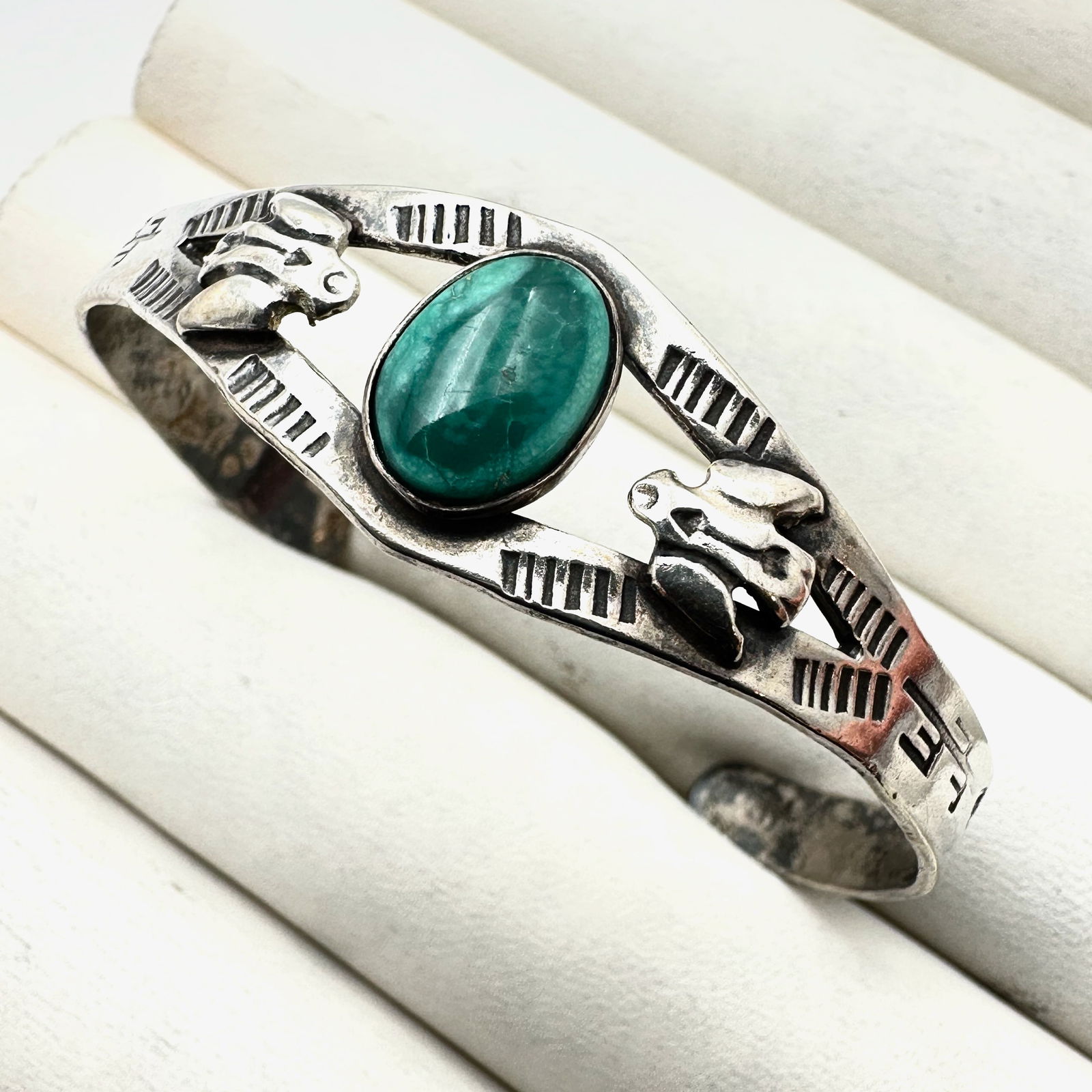 Vintage Native American Harvey Era Green Turquoise Sterling Silver Cuff Bracelet 6.5 Inch Adjustable (1 of 4)