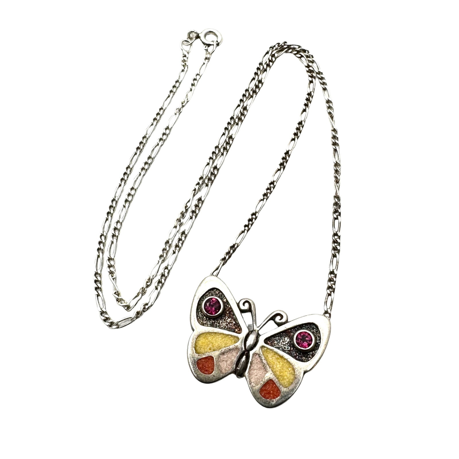Inlay Gemstone Butterfly Pendant Sterling Silver Necklace 19 Inch Chain 11.3 Grams: Inlay Gemstone Butterfly Pendant Sterling Silver Necklace 19 Inch Chain 11.3 Grams