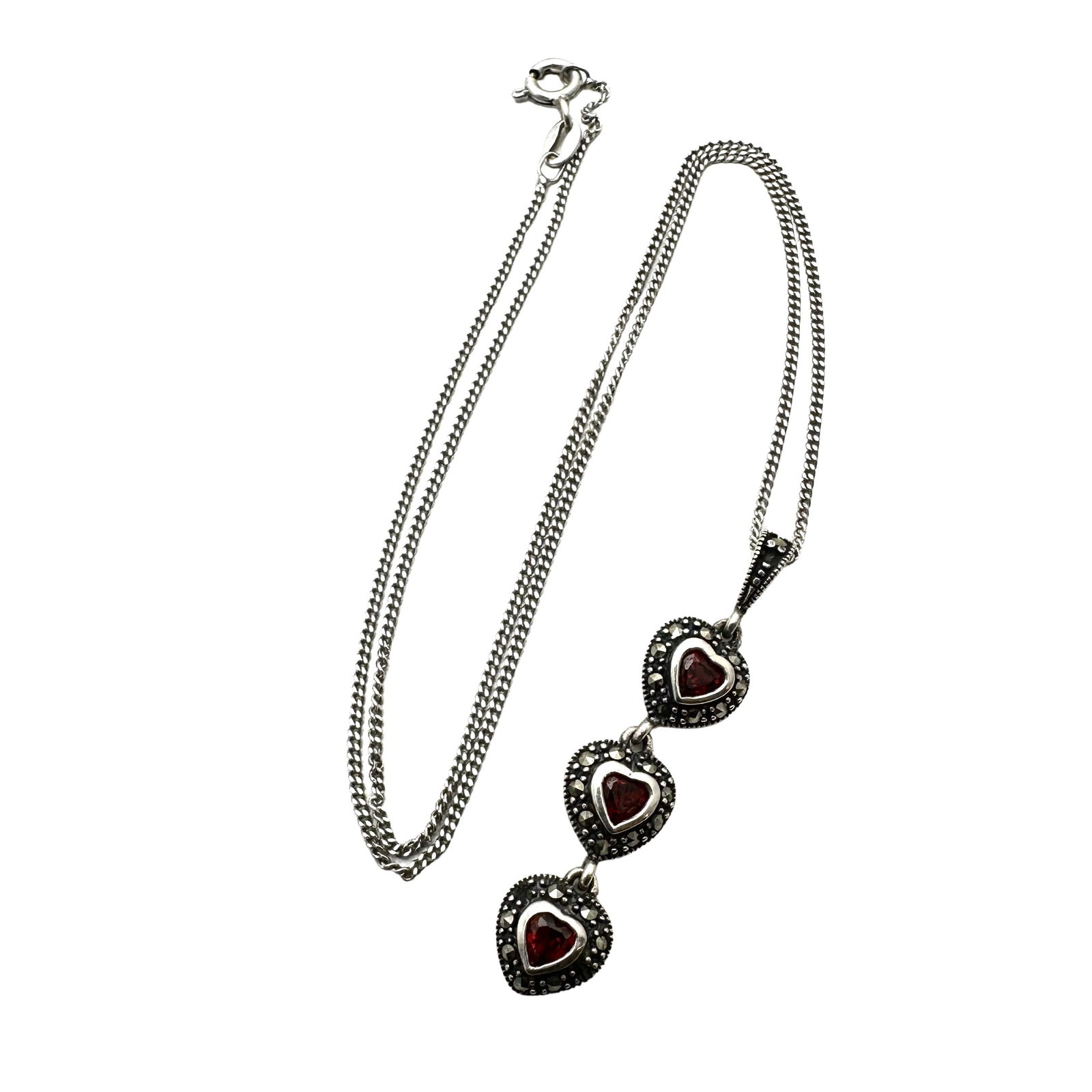 Triple Garnet Heart Marcasite Pendant Sterling Silver Necklace 16 Inch Chain: Triple Garnet Heart Marcasite Pendant Sterling Silver Necklace 16 Inch Chain