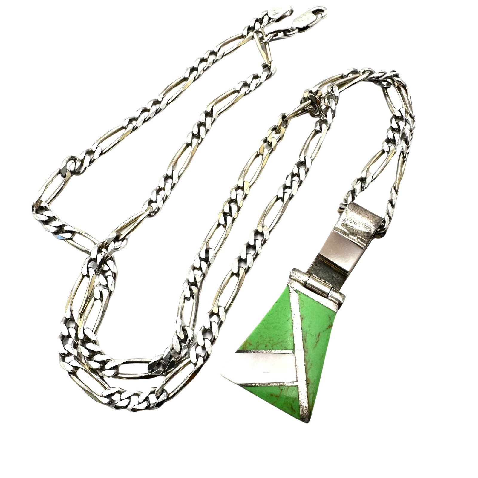 Green Turquoise & Pearl Pendant Sterling Silver Necklace Heavy Chain 22 Inch 29 Grams: Green Turquoise & Pearl Pendant Sterling Silver Necklace Heavy Chain 22 Inch 29 Grams