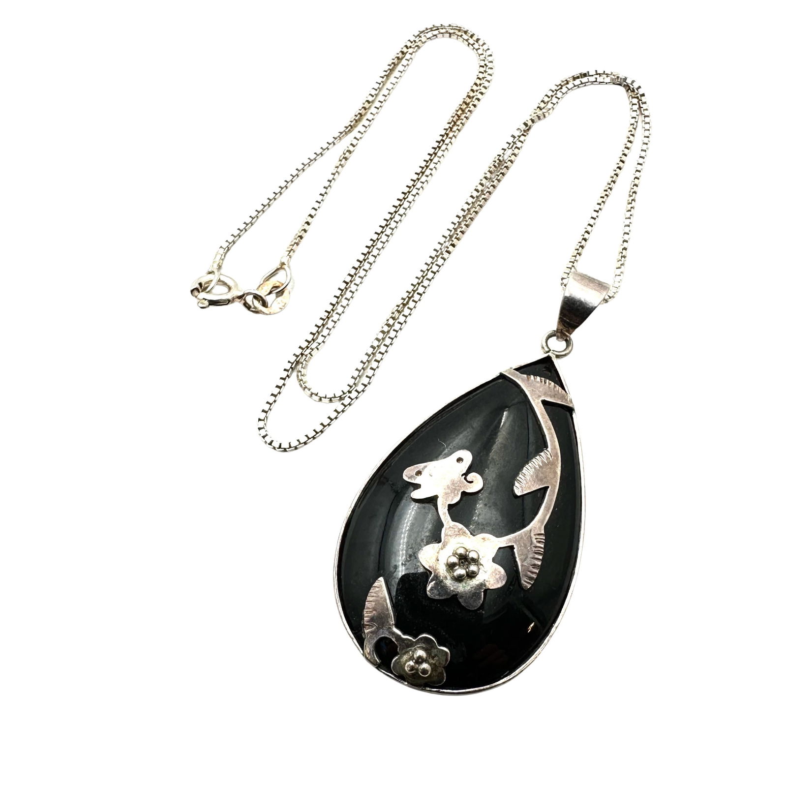 Black Onyx Pendant Sterling Silver Necklace 18 Inch Chain 13 Grams (1 of 2)