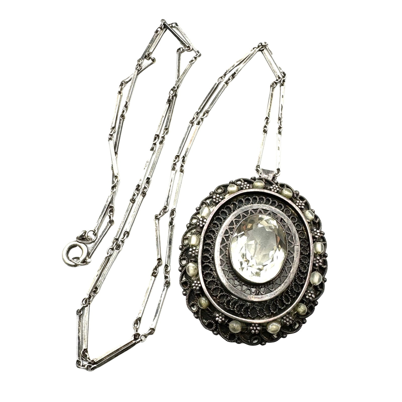 Antique Light Yellow Gemstone Sterling Silver Pendant Pin 26 Inch Chain Necklace 19 Grams (1 of 2)