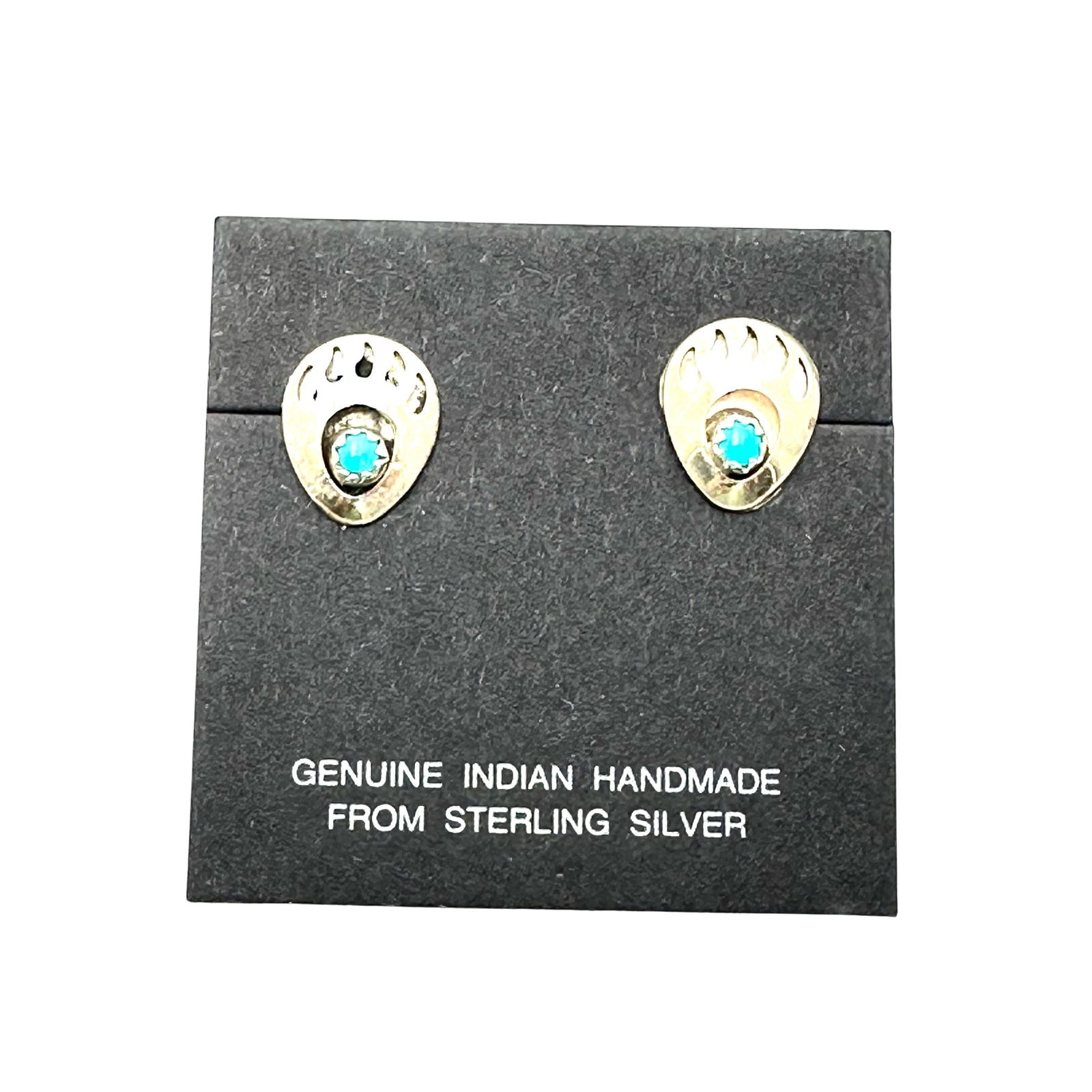 Native American Turquoise Bear Claw Design Pierced Sterling Silver Earrings Original Card: Native American Turquoise Bear Claw Design Pierced Sterling Silver Earrings Original Card