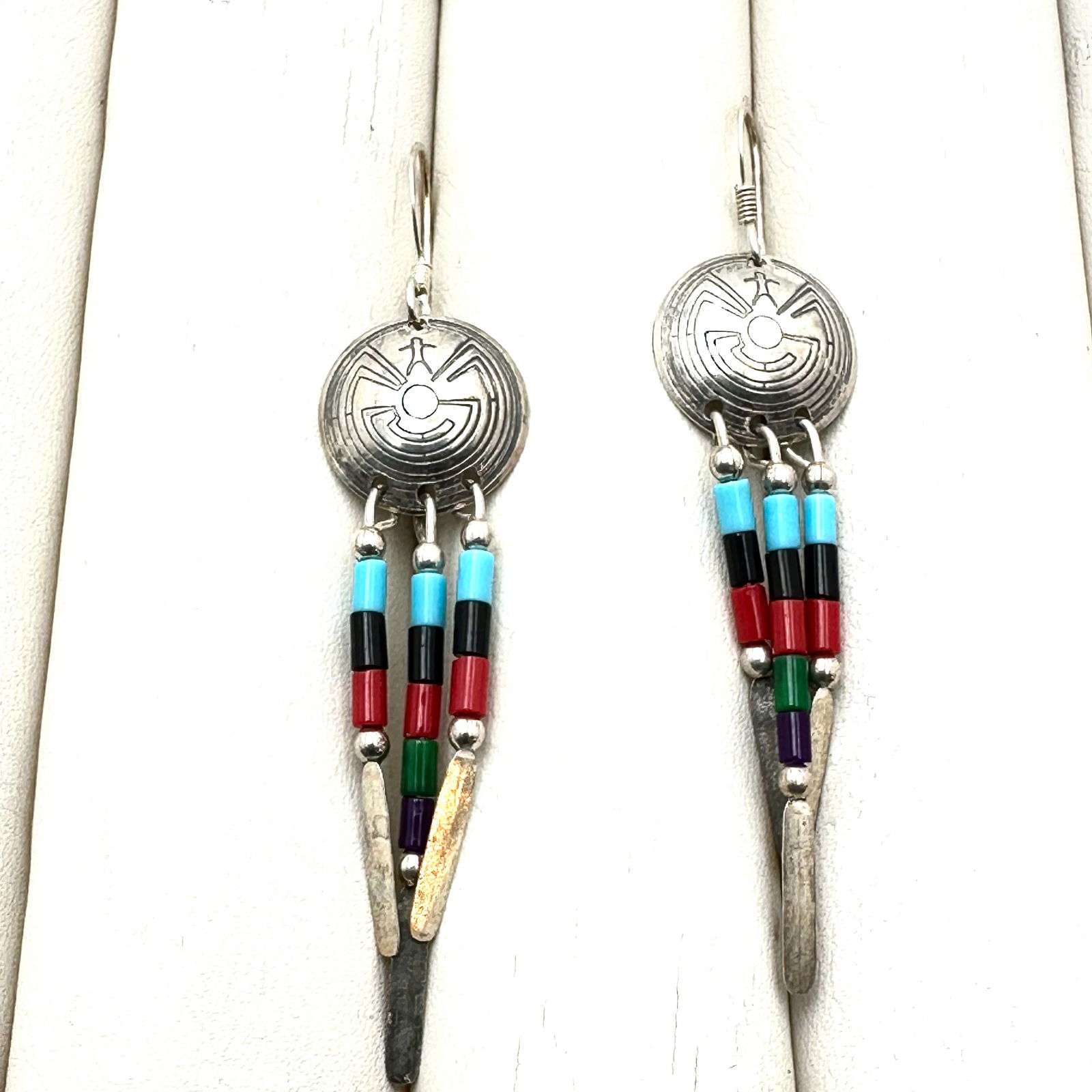 American Southwest Sterling Silver Multi Gemstone Pierced Earrings 2 Inch: American Southwest Sterling Silver Multi Gemstone Pierced Earrings 2 Inch