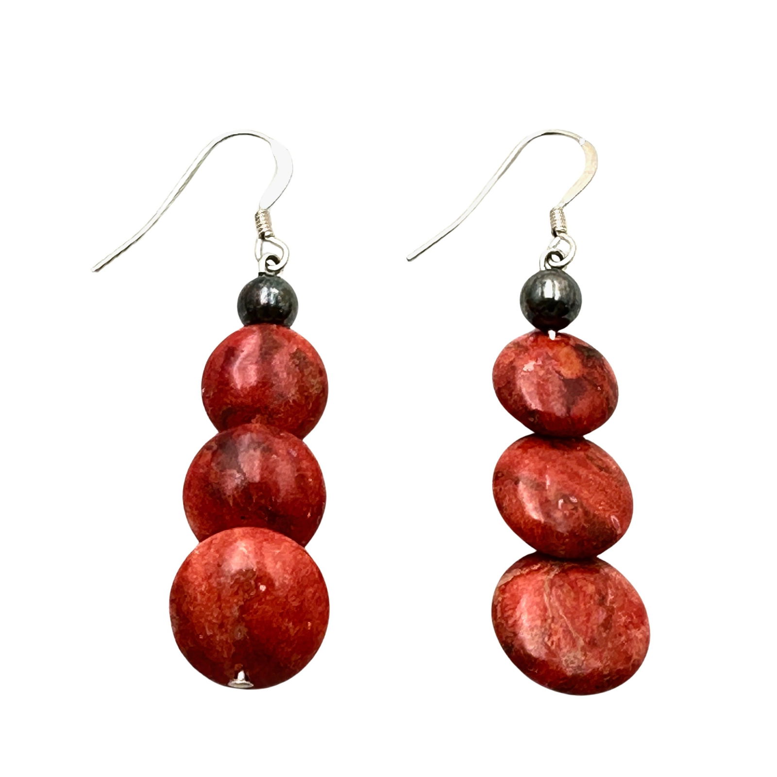Red Coral Sterling Silver Pierced Earrings 2 Inch: Red Coral Sterling Silver Pierced Earrings 2 Inch